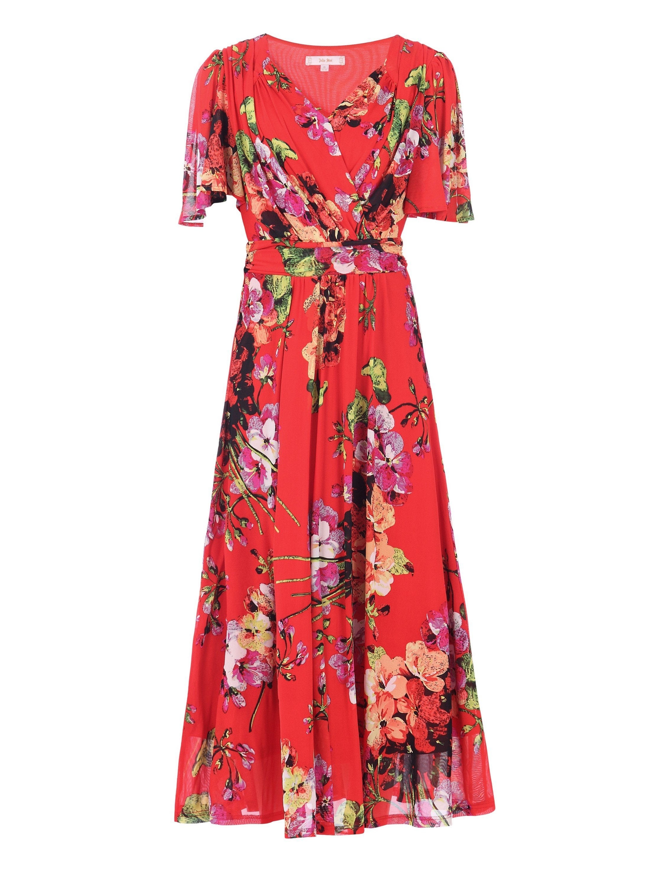 Printed Mesh Long Midi Dress, Red Floral