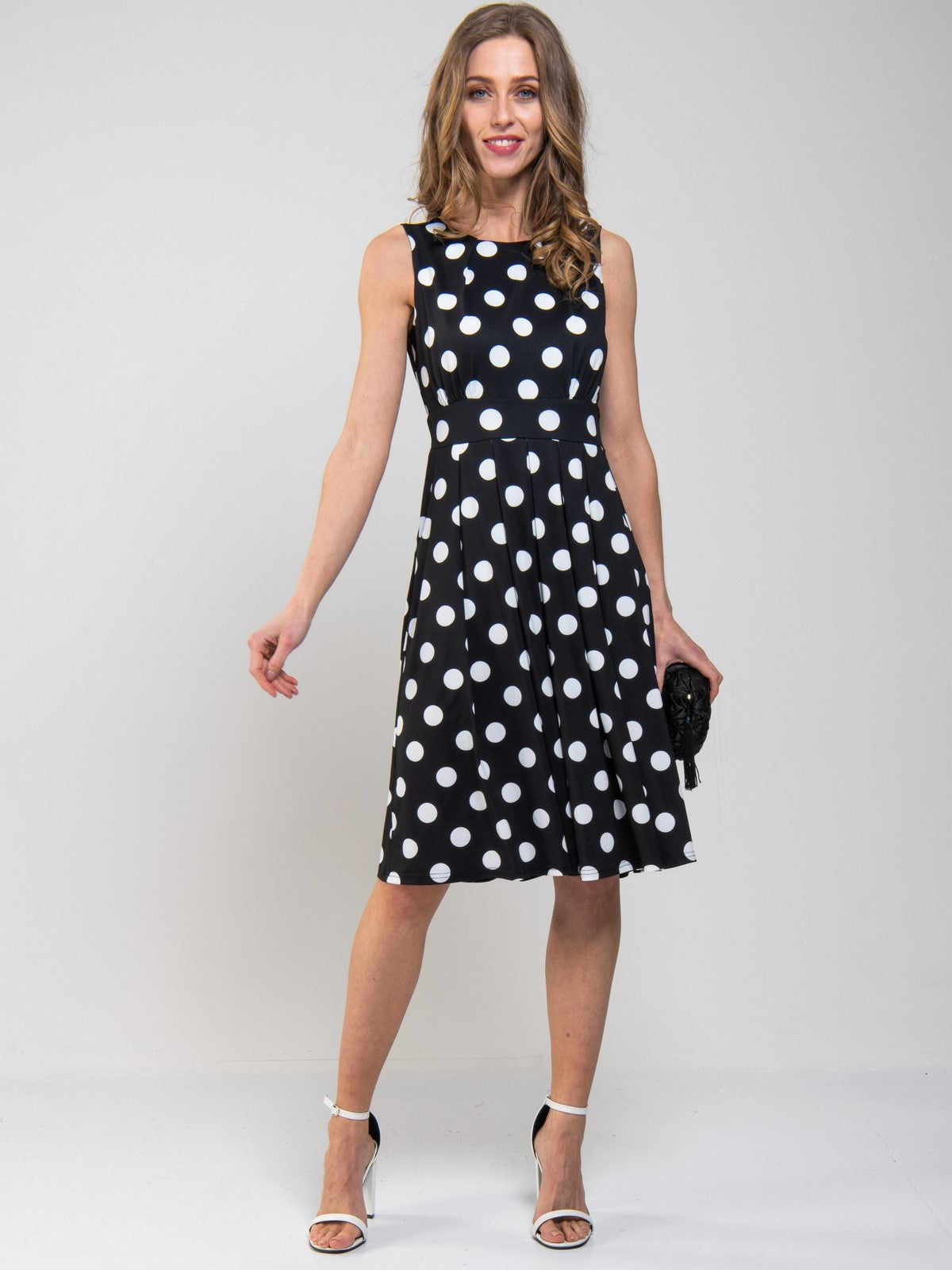 Spotty Printed Round Neck Jersey Dress, Black Spot