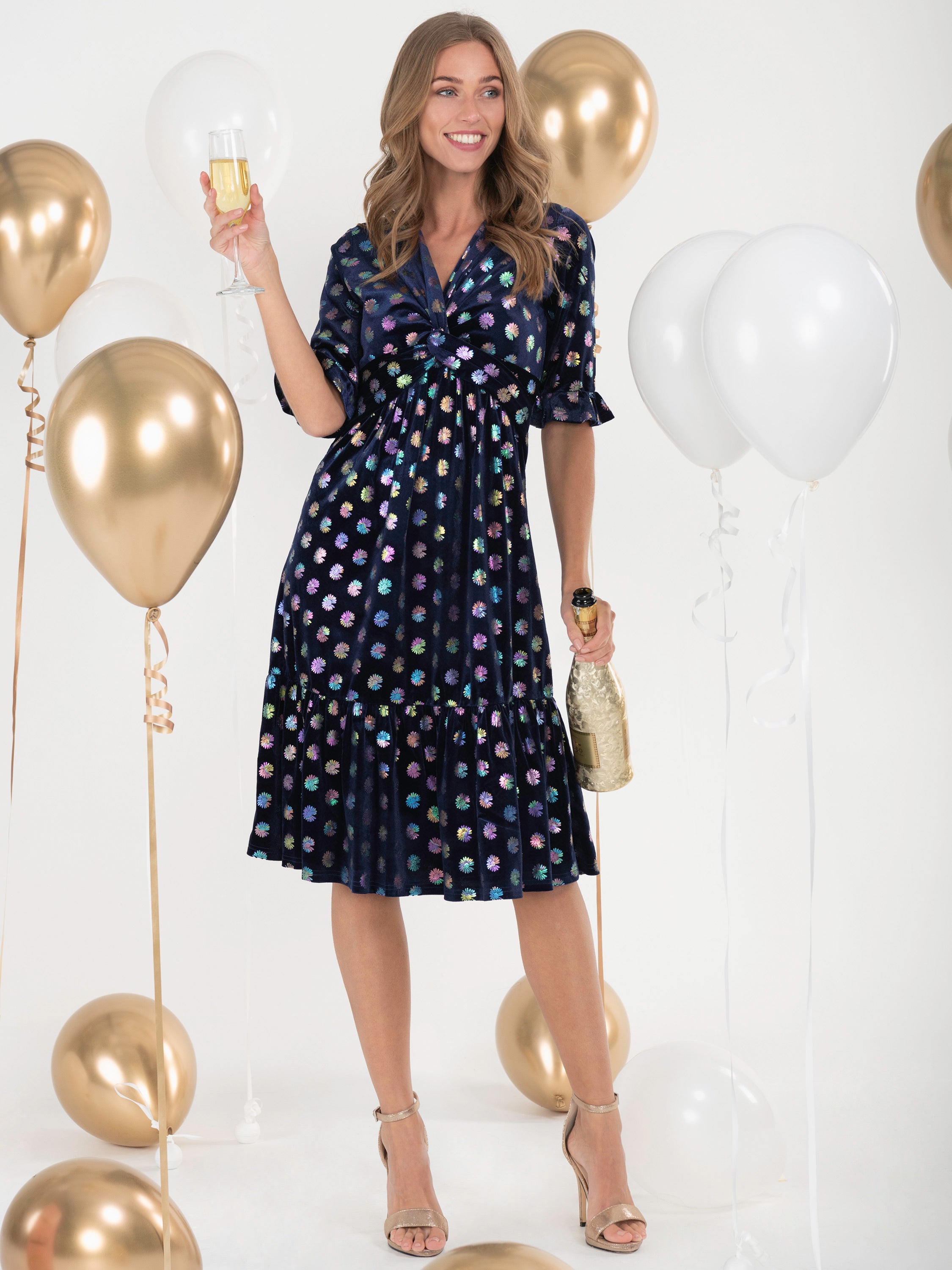 Jolie Moi Twist Front Metallic Spot Print Velvet Dress, Navy/Multi