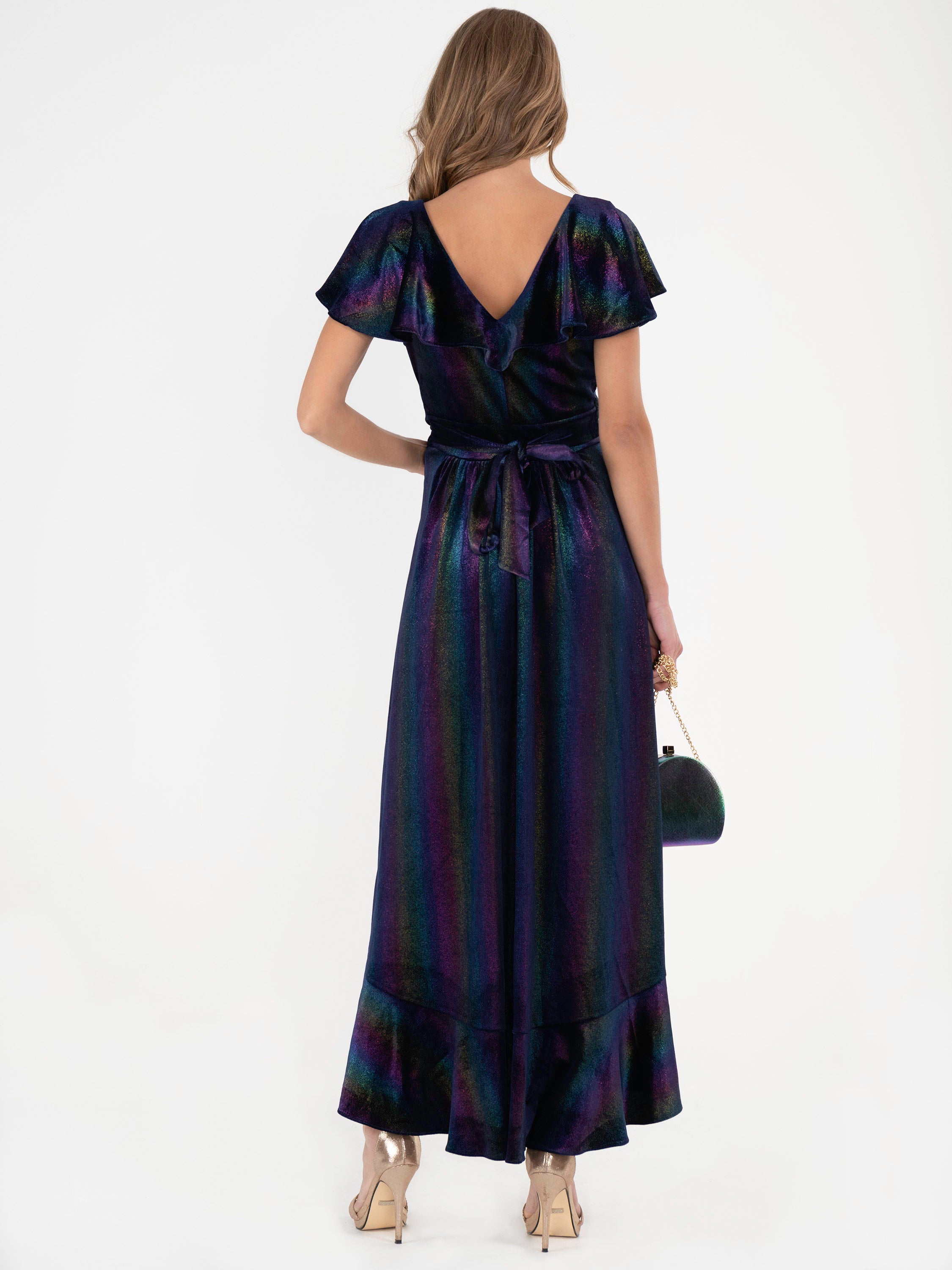 Jolie Moi Stripe Print Asymmetric Ruffle Velvet Dress, Navy/Multi