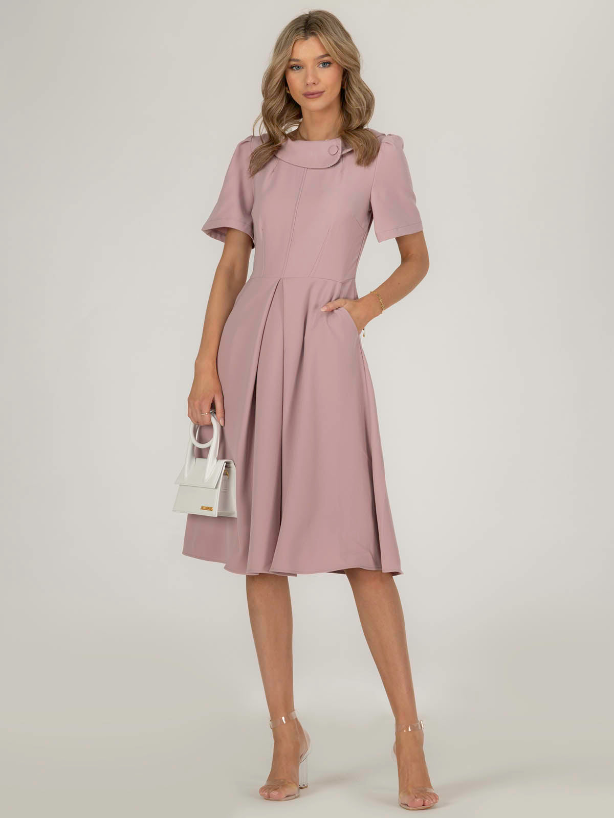 Jolie Moi Valery Button Collar Dress, Dusty Pink