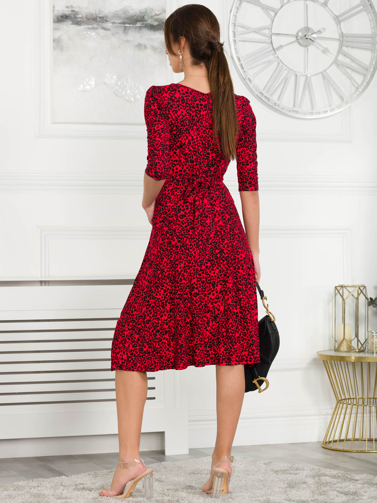 Jolie Moi Delylah V Neck Midi Dress, Red Animal