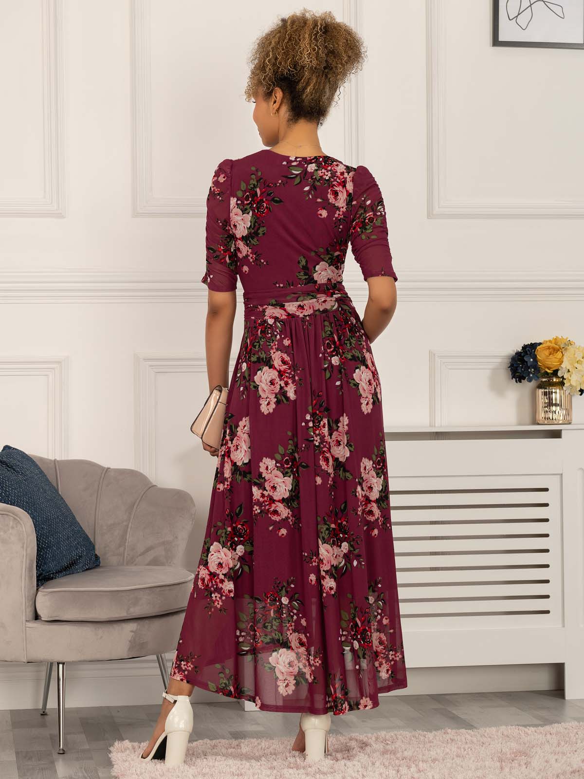 Haizley Floral Print Mesh Maxi Dress, Mauve Purple