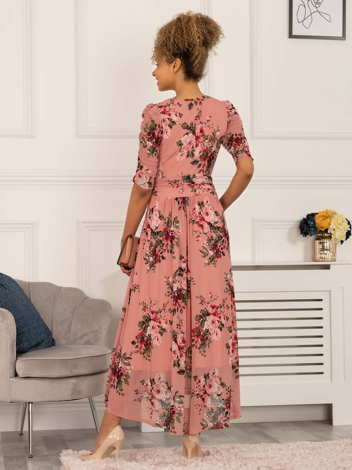 Haizley Floral Print Mesh Maxi Dress, Pink