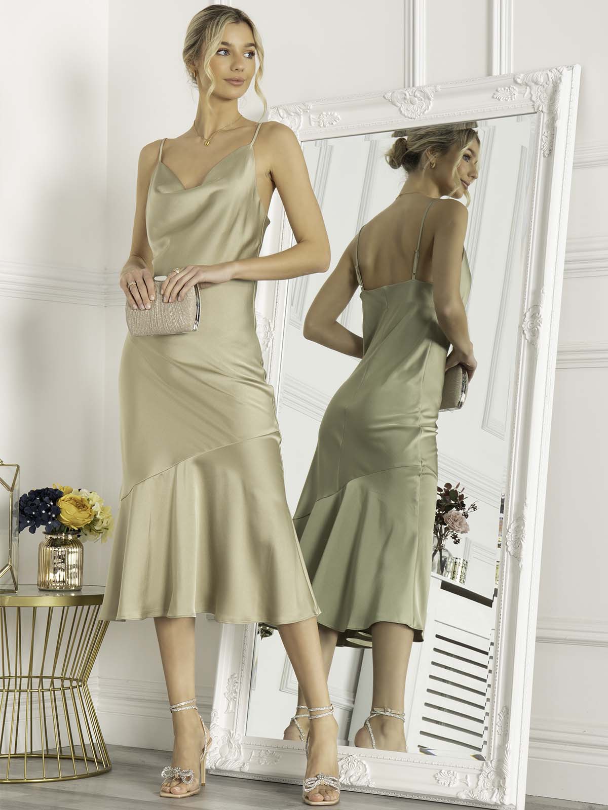 Jolie Moi Alaysha Cowl Neck Satin Dress, Light Olive