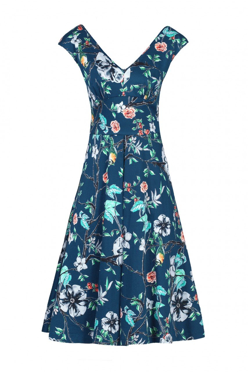 Sweetheart Neckline Fit And Flare Dress, Teal floral