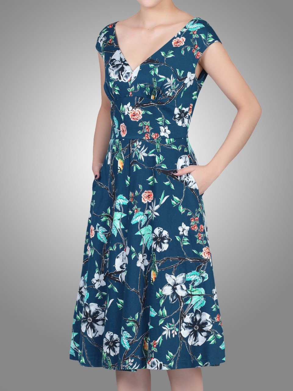 Sweetheart Neckline Fit And Flare Dress, Teal floral