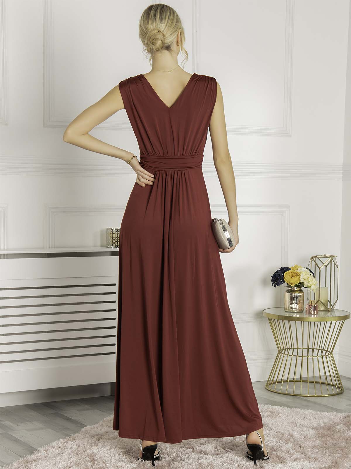 Plunge V Neck Draped Maxi Dress, Burgundy