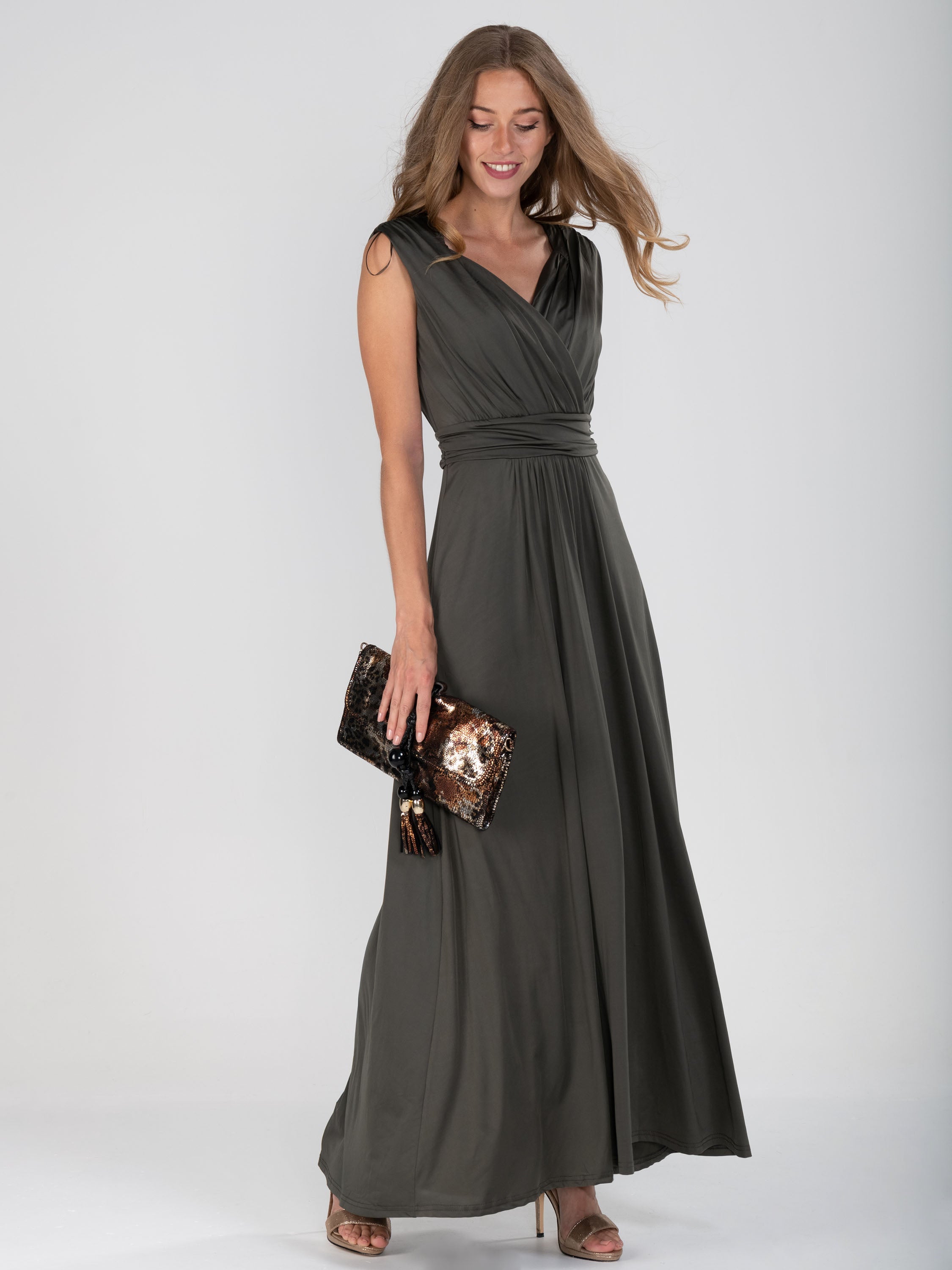 Plunge V Neck Draped Maxi Dress, Solider Green