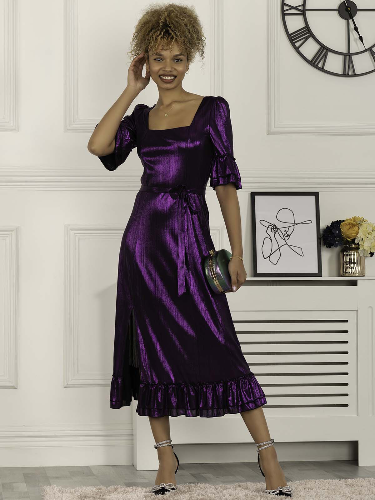 Jolie Moi Janice Square Neck Frill Midi Dress, Dark Purple