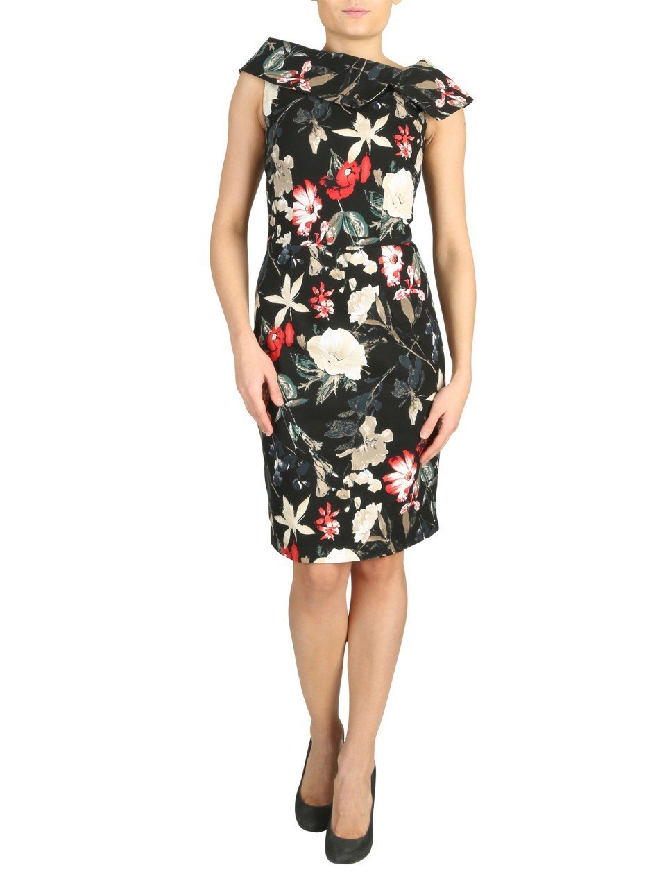 Retro Print Bardot Neck Shift Dress, Black Floral