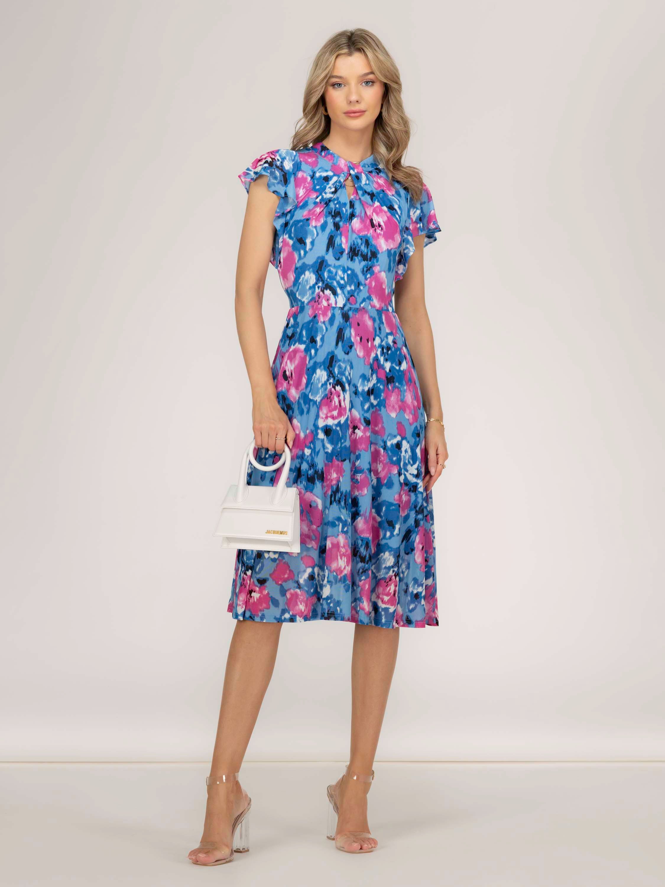 Luella Floral Print Mesh Dress, Blue Abstract