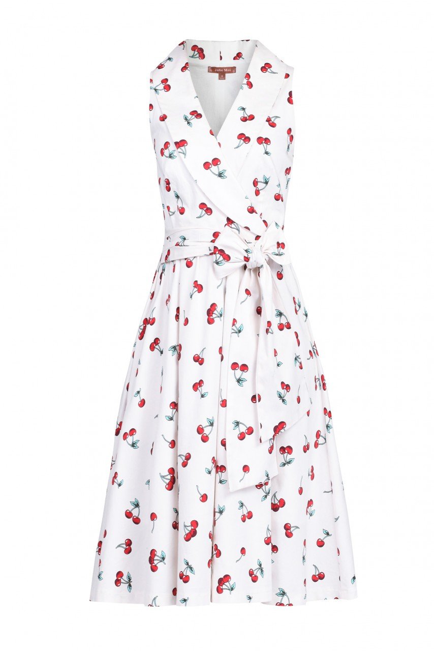 Retro Print Shawl Collar Dress, White Cherry