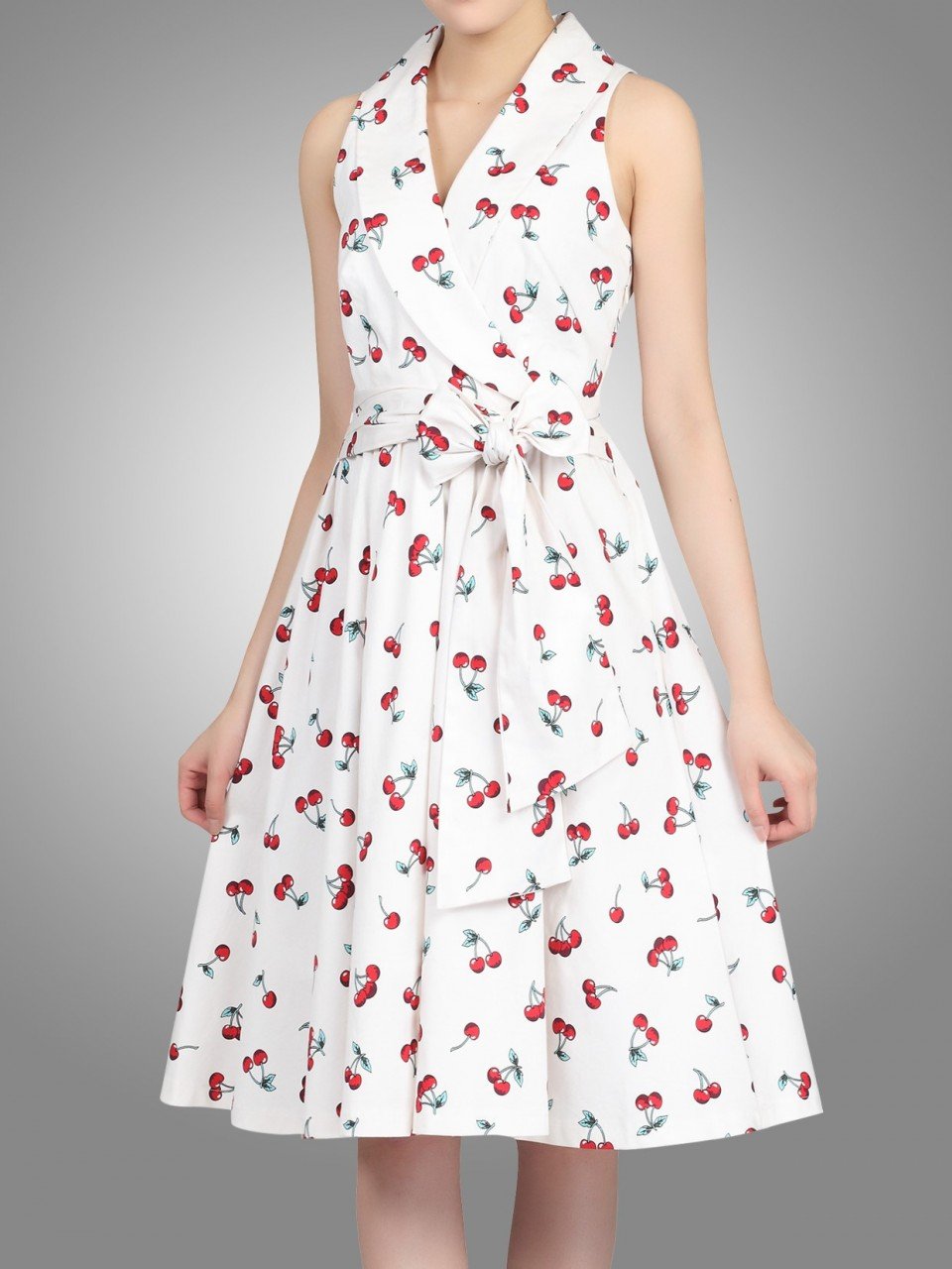 Retro Print Shawl Collar Dress, White Cherry