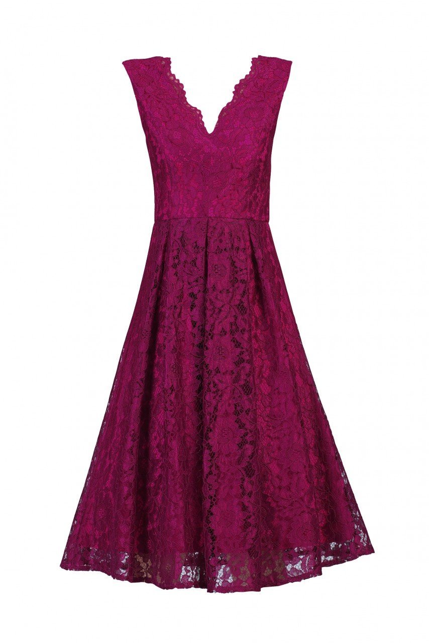 Floral Lace Pleated Dress, Dark Purple