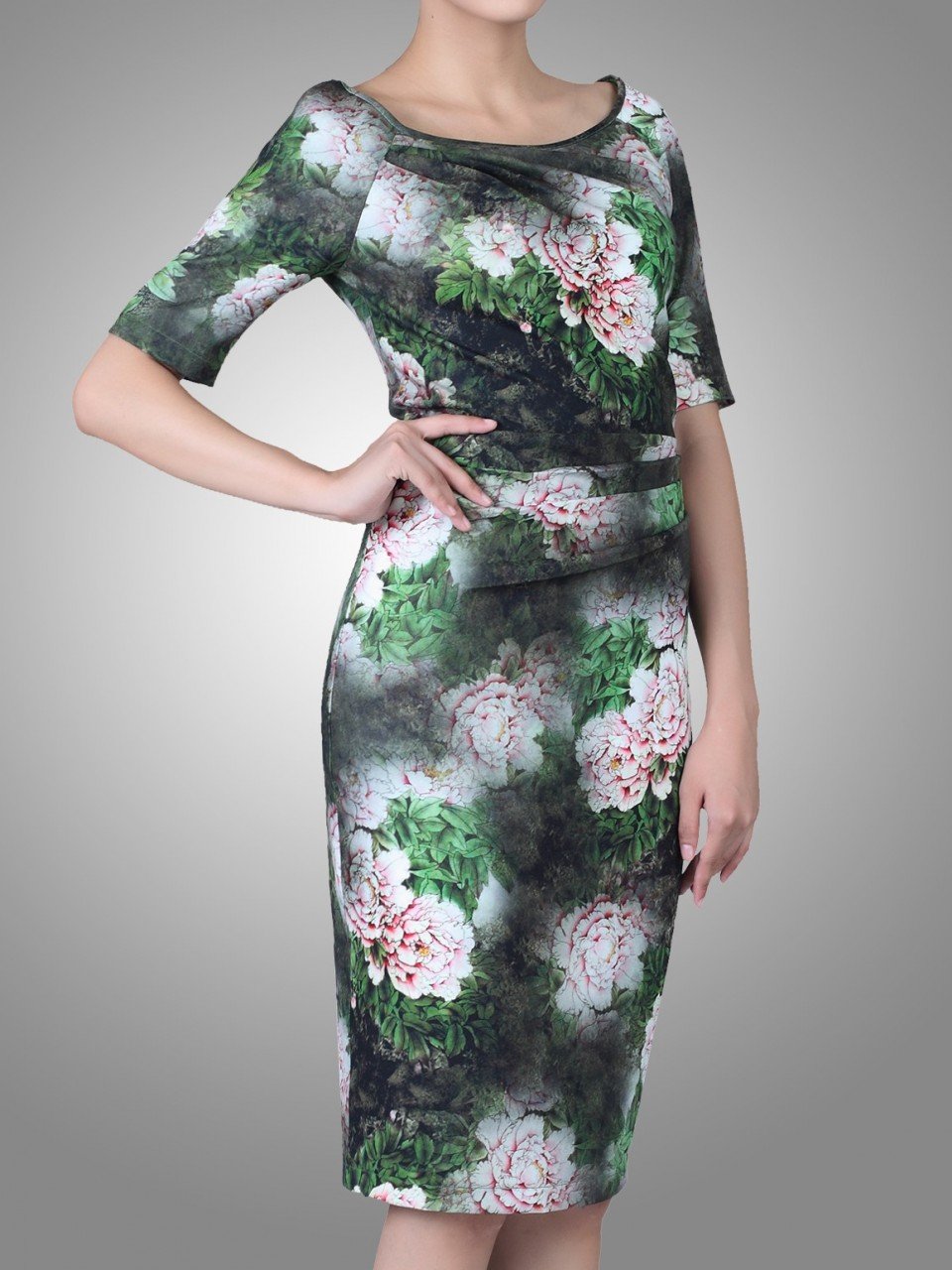 Floral Print Half Sleeve Dress, Green