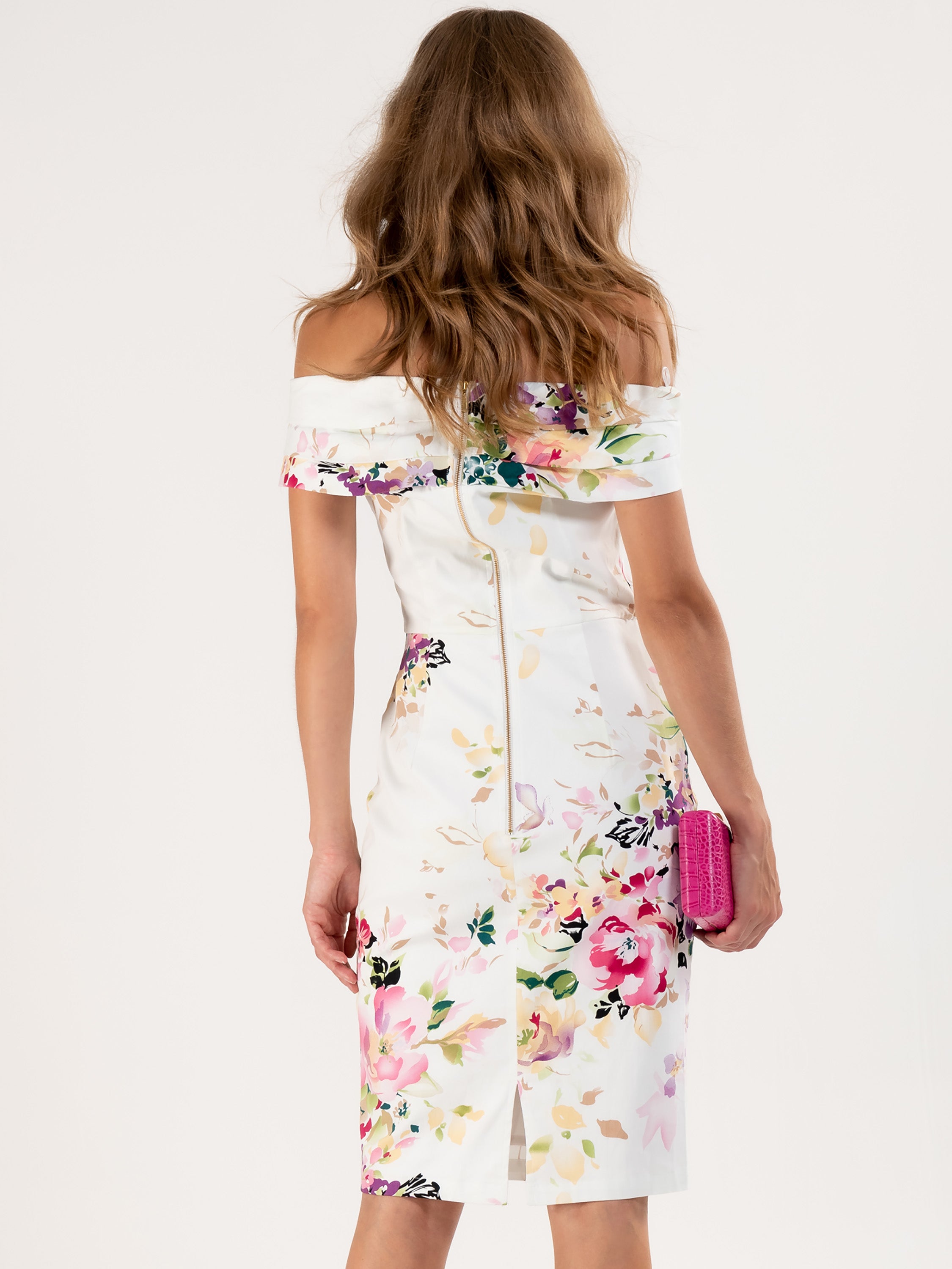 Floral Bardot Neckline Dress, White Floral