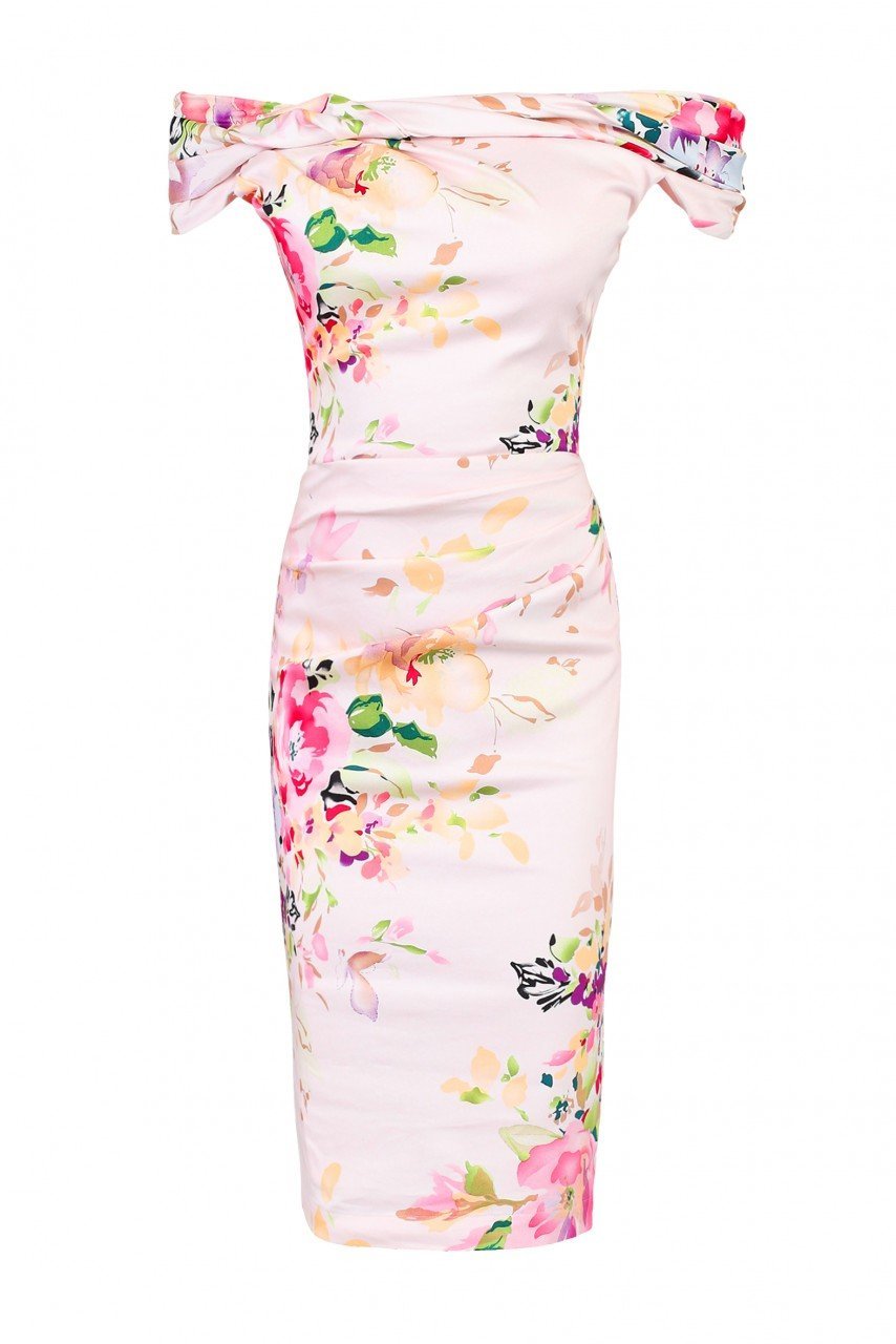 Floral Bardot Neckline Dress, Pink Floral