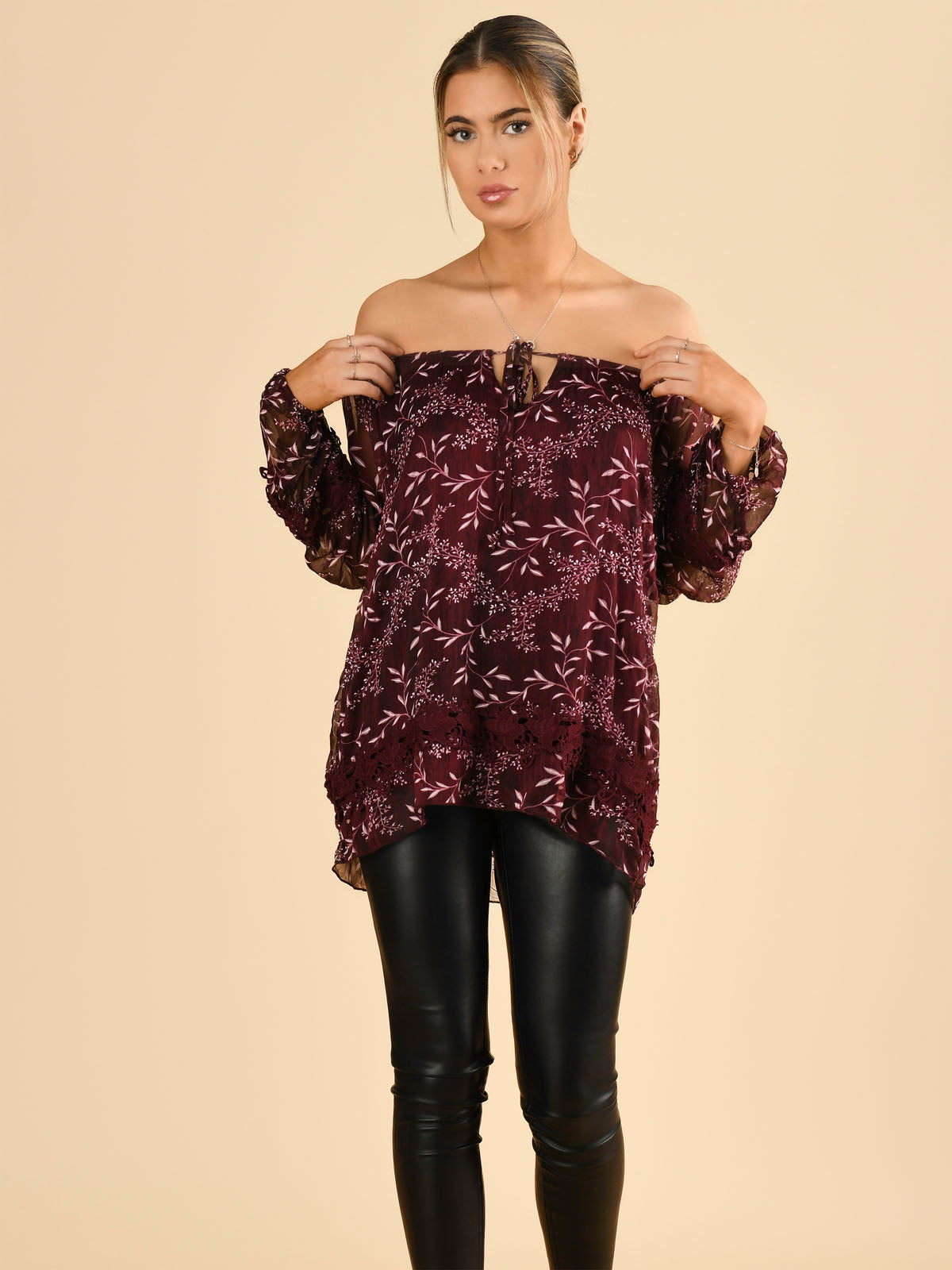 Crochet Lace Insert Smock Blouse, Burgundy