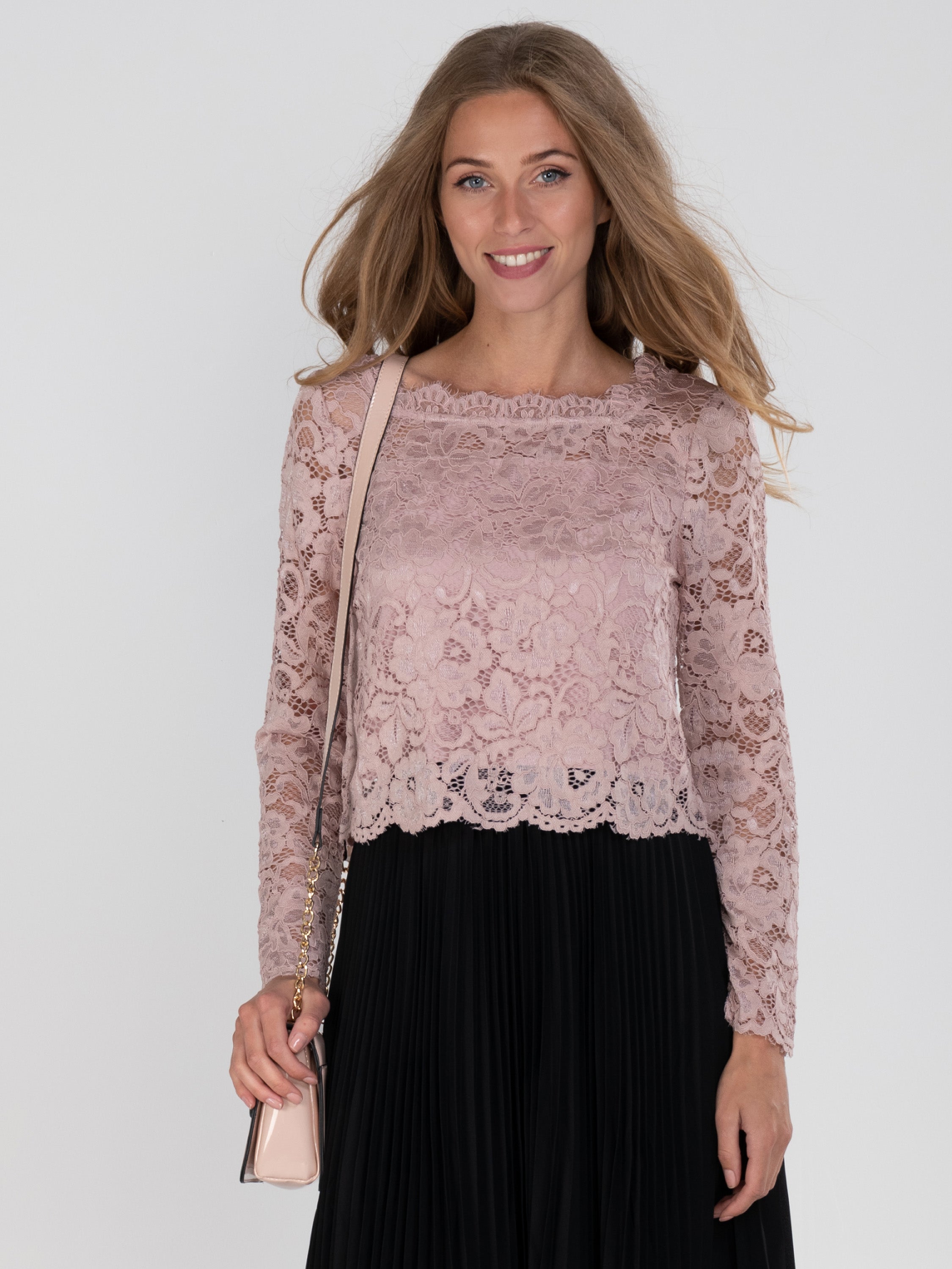 Cropped Flare Sleeve Lace Top, Dusty Pink