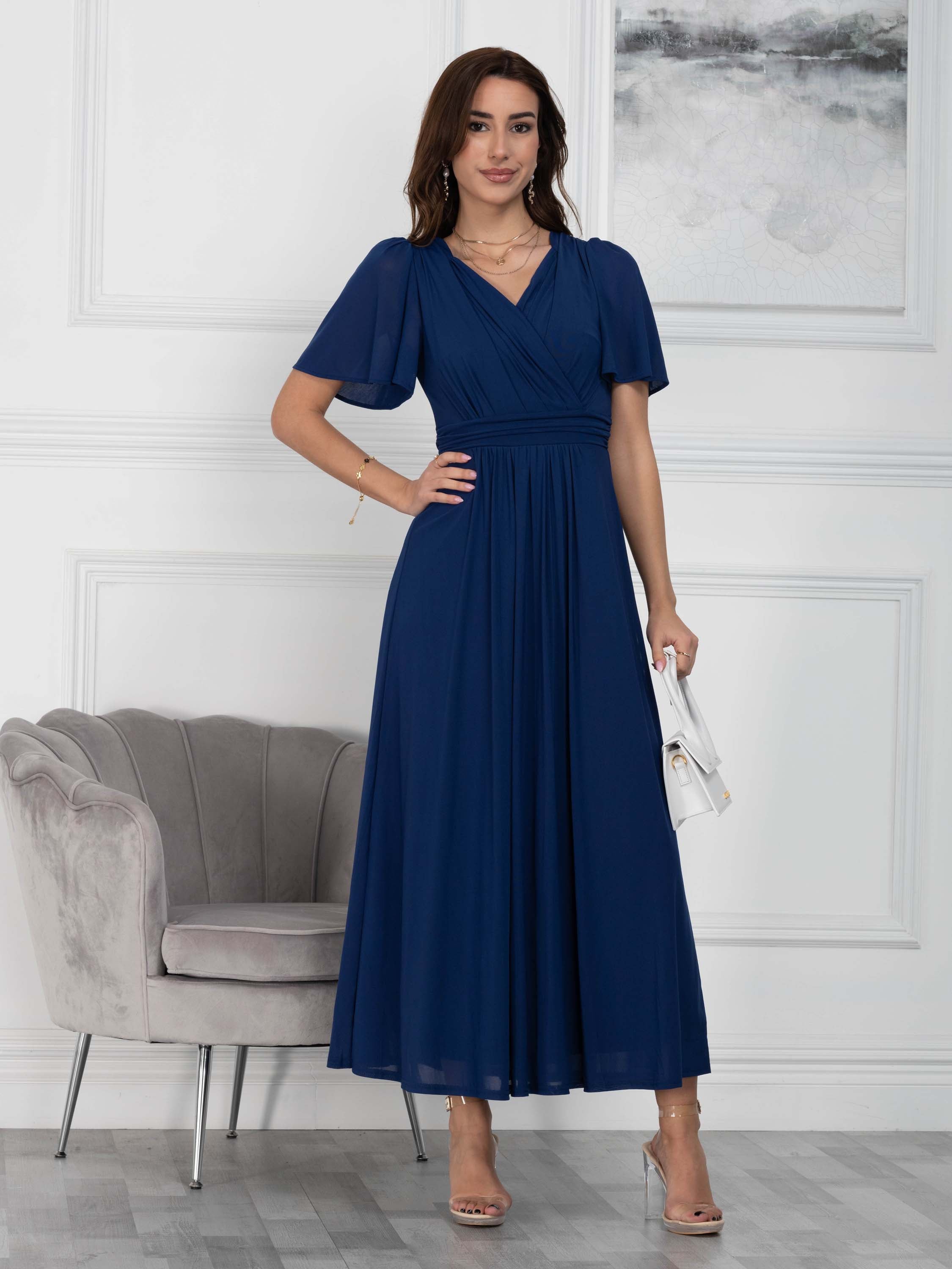 Flute Sleeve Mesh Maxi Dress, Navy