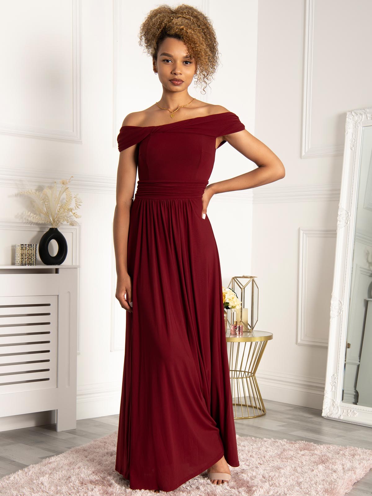 Jolie Moi Bardot Neck Mesh Maxi Dress, Burgundy