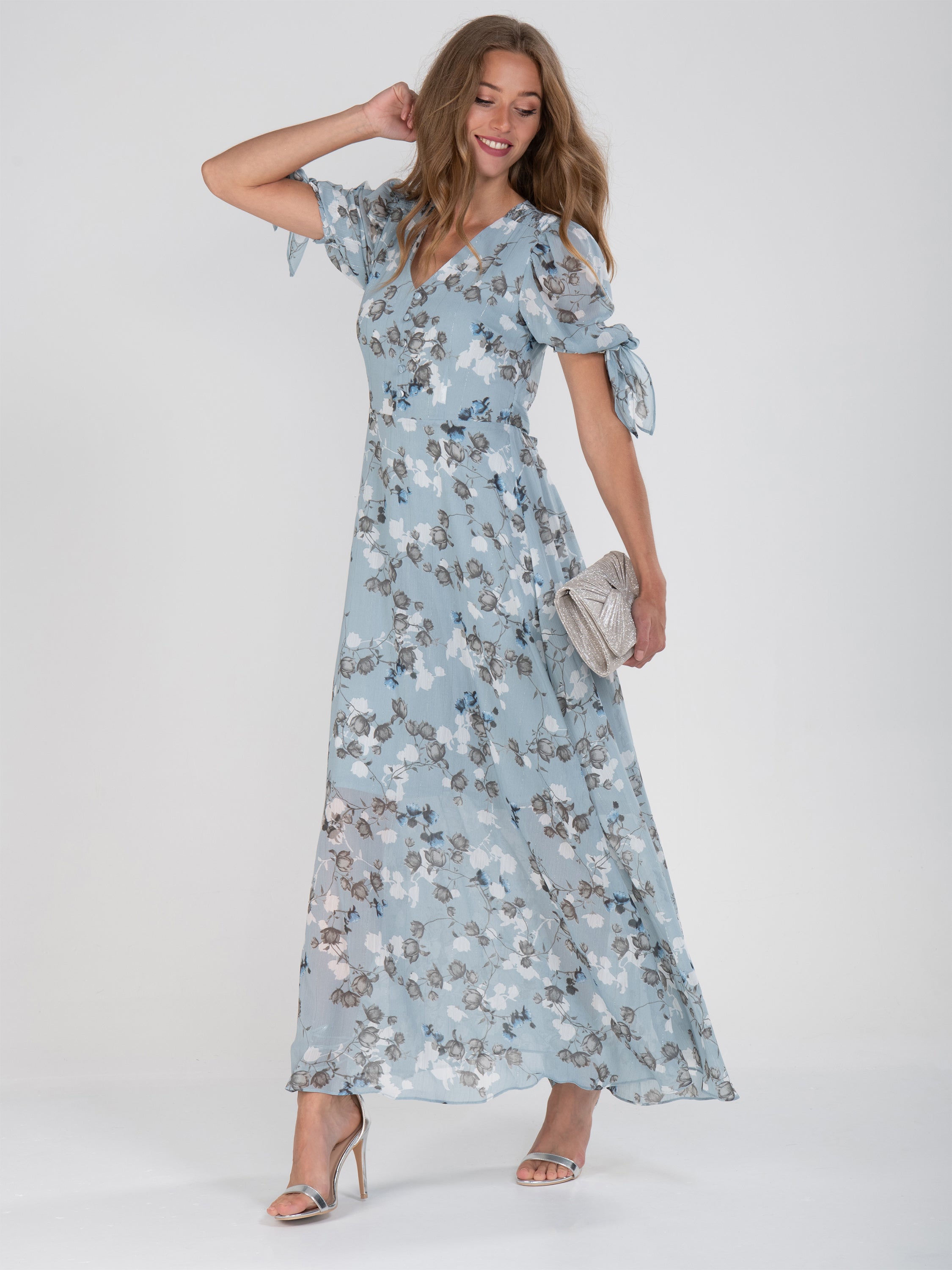 Puff Sleeve Chiffon Maxi Dress, Blue Floral