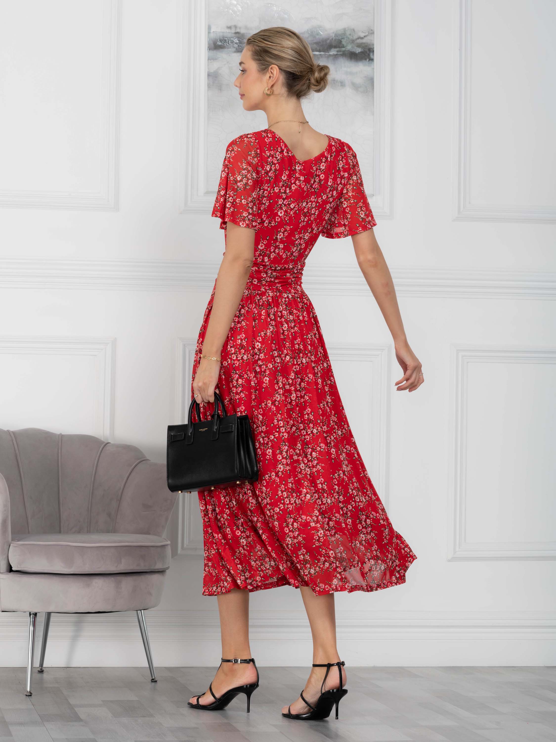 Julita Mesh Dress, Red Floral