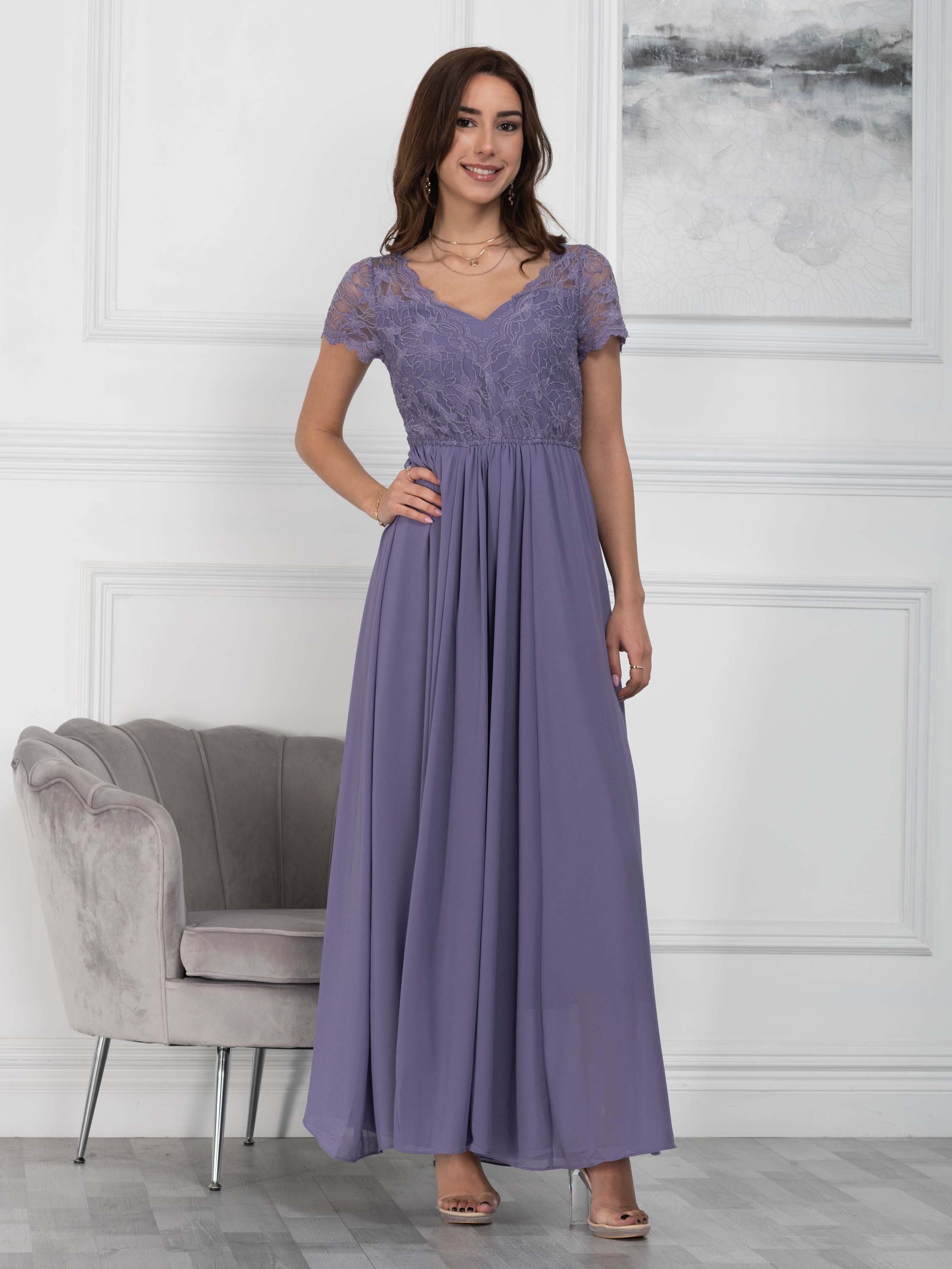 Short Sleeve Lace Maxi Chiffon Dress, Lavender