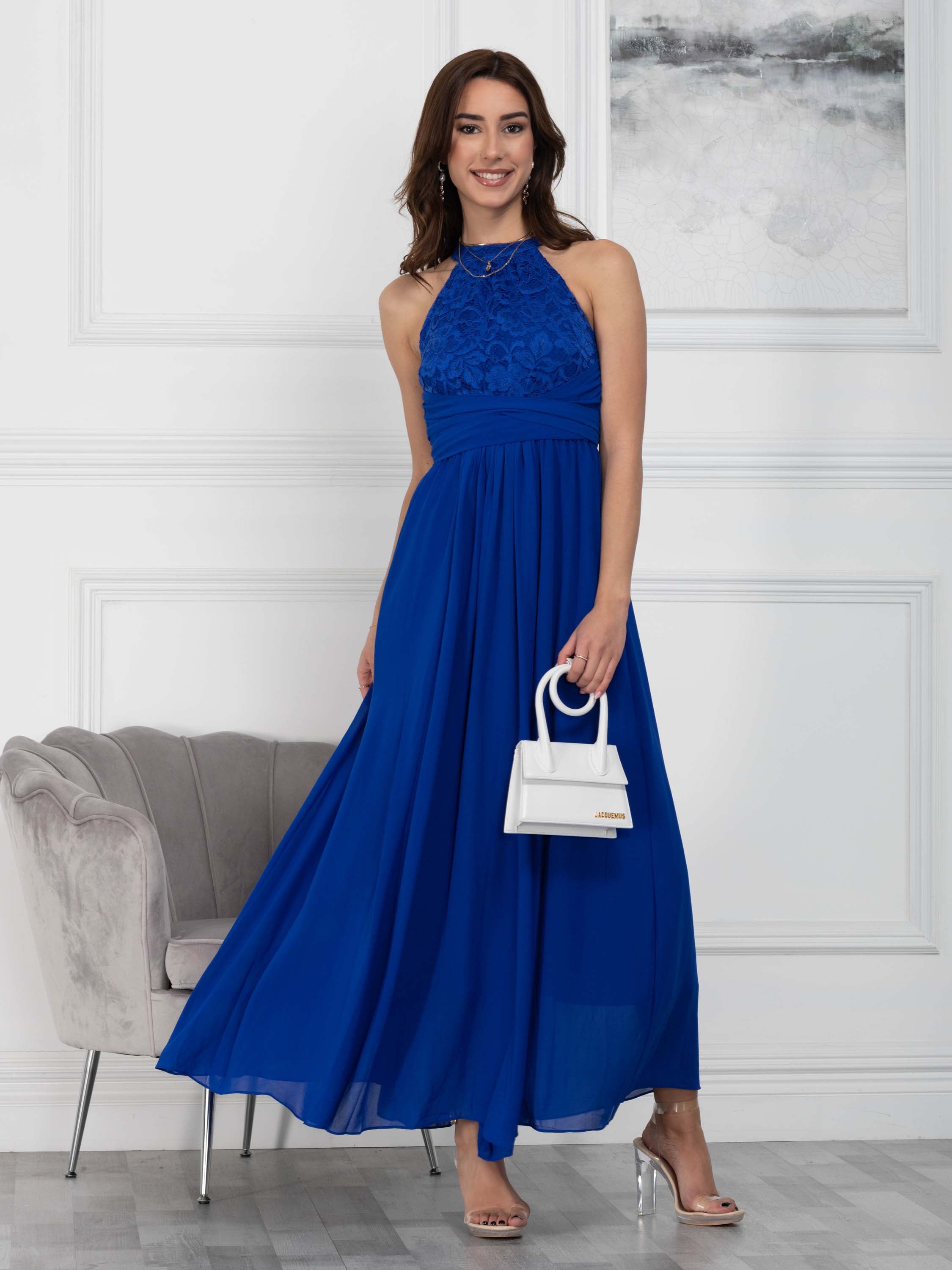 Halter Neck Lace Maxi Bridesmaid Dress, Royal Blue