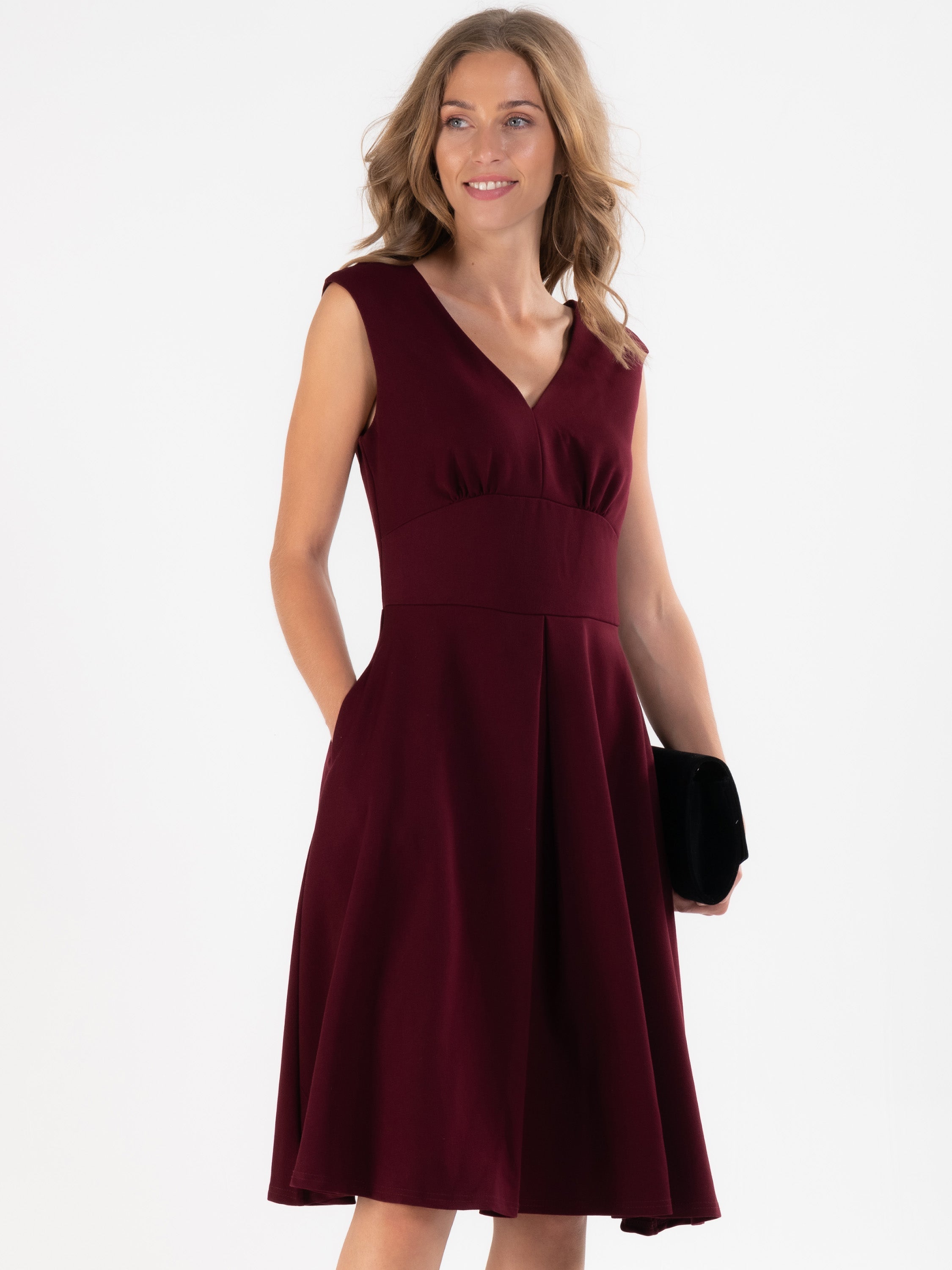 Sweetheart Neck Flared Dress, Burgundy