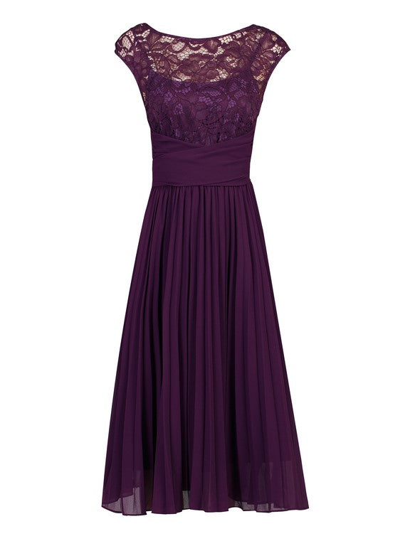 Cindy Lace Bodice Pleated Dress, Dark Purple