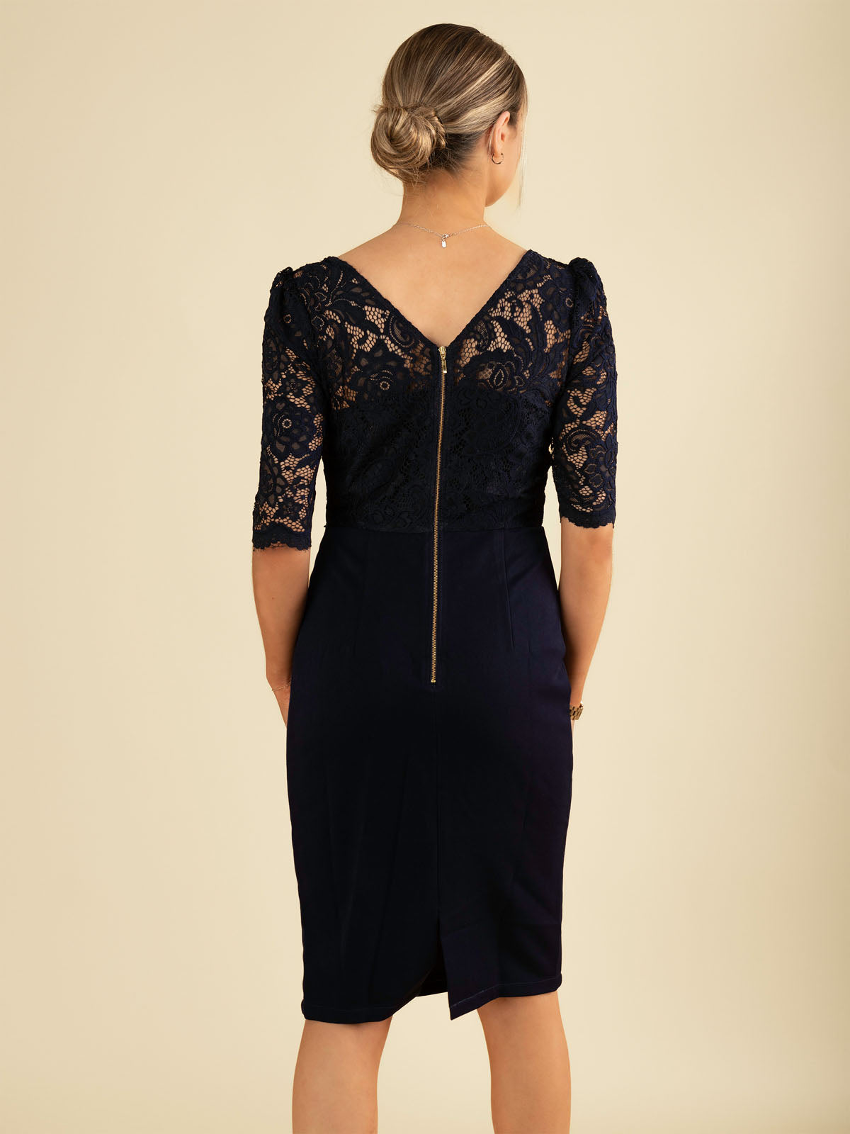 Elbow Sleeve Lace Contrast Dress, Navy