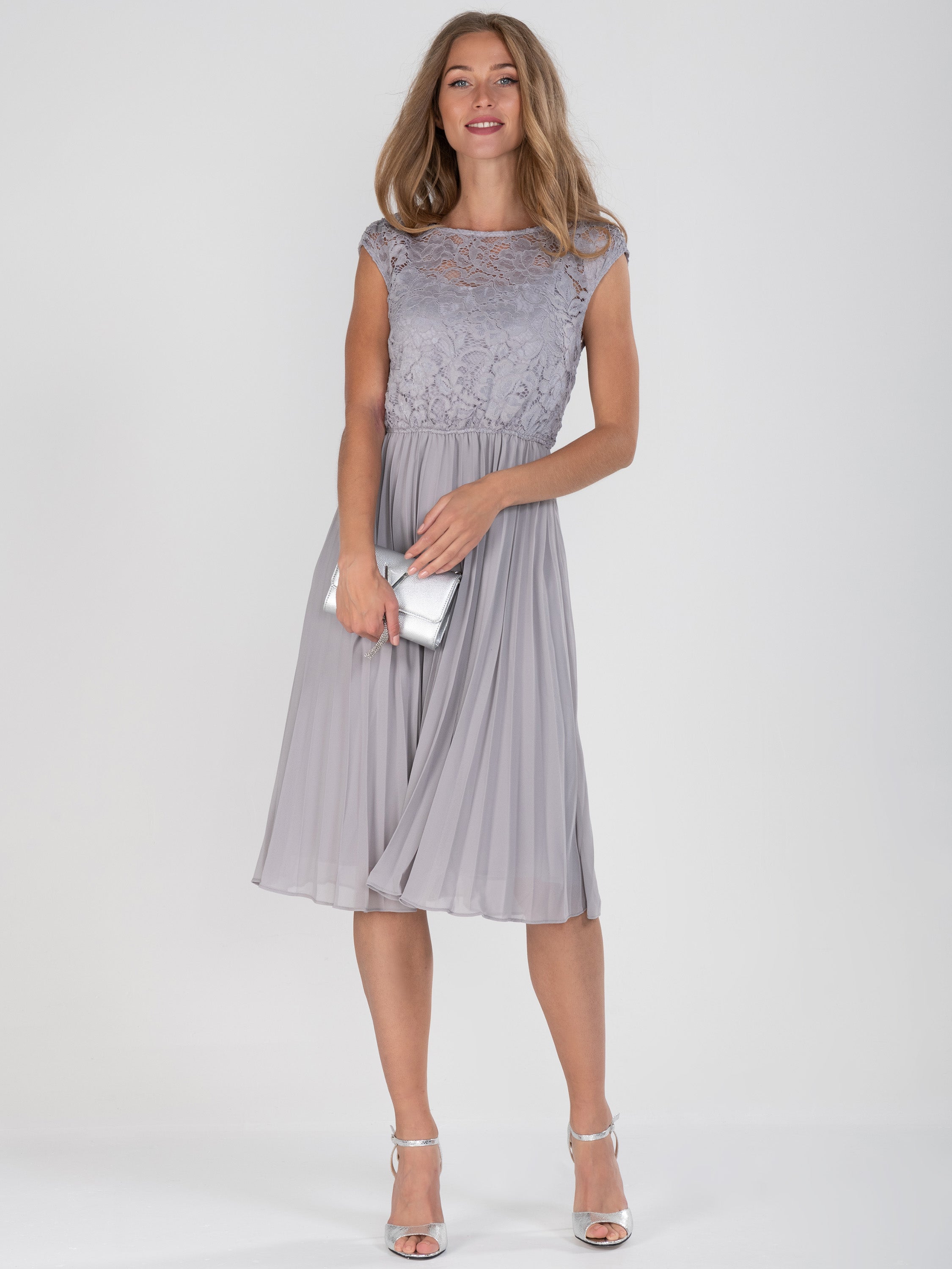 Cindy Lace Bodice Pleated Dress, Silver Grey