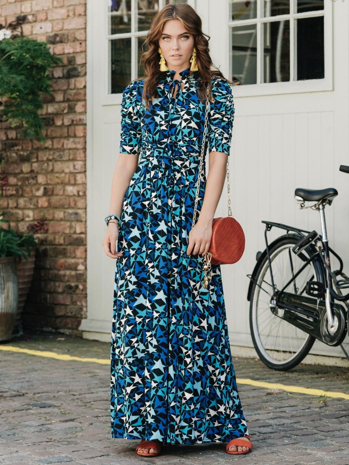 Star Print Tie Collar Maxi Dress, Navy Star