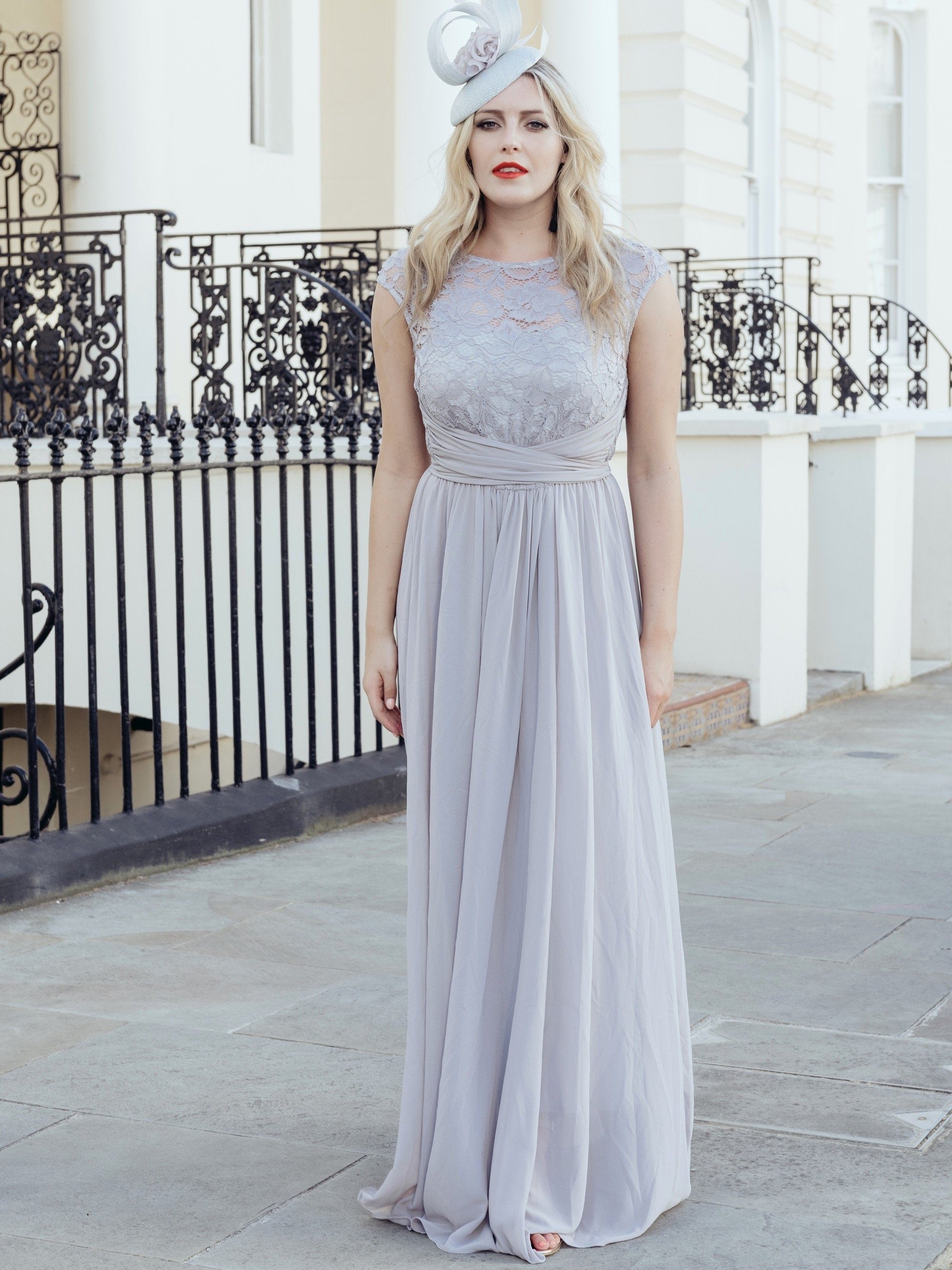 Lace Bodice Chiffon Maxi Bridesmaid Dress,  Sliver Grey