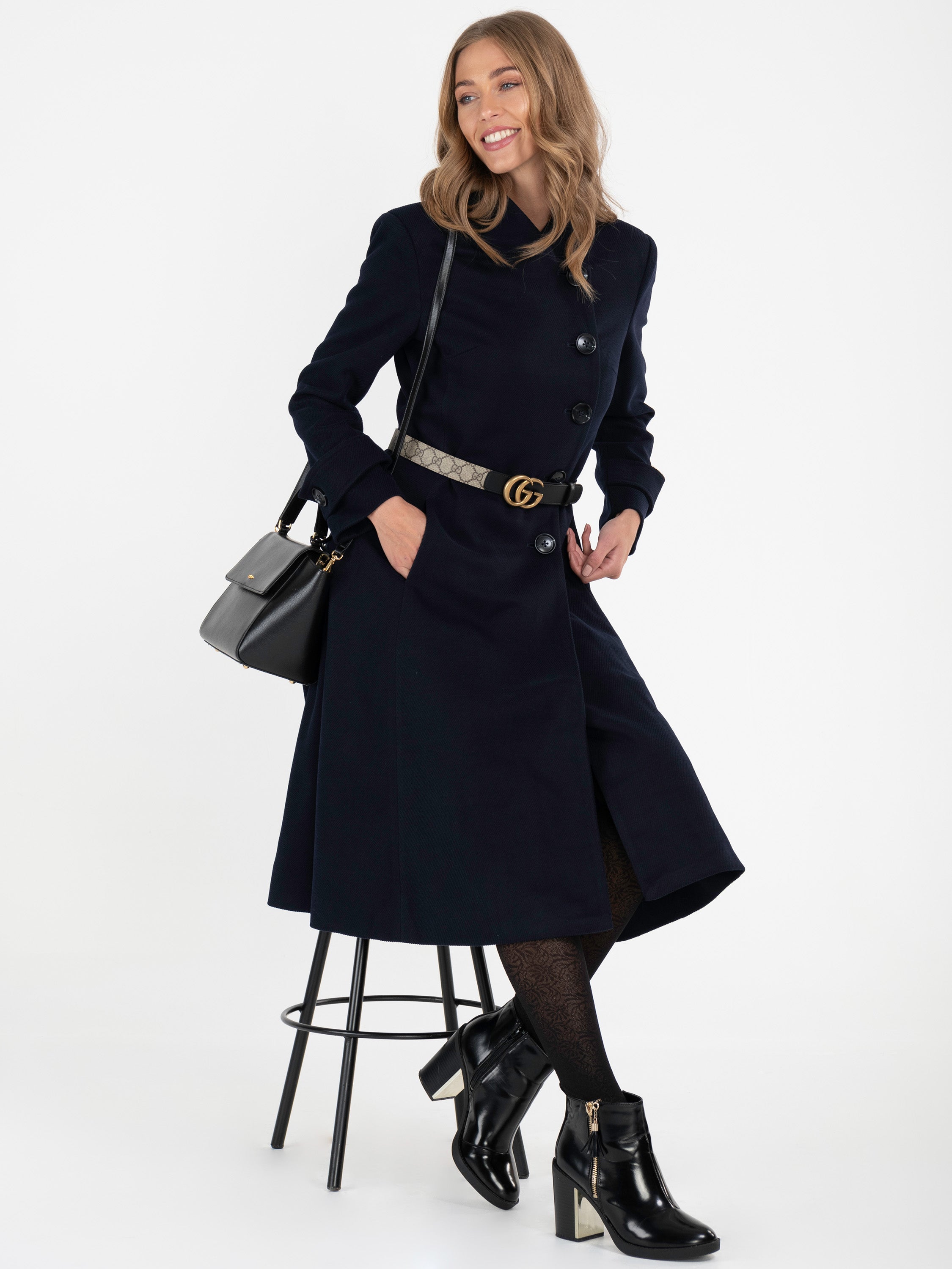 Button Front Flared Coat, Navy