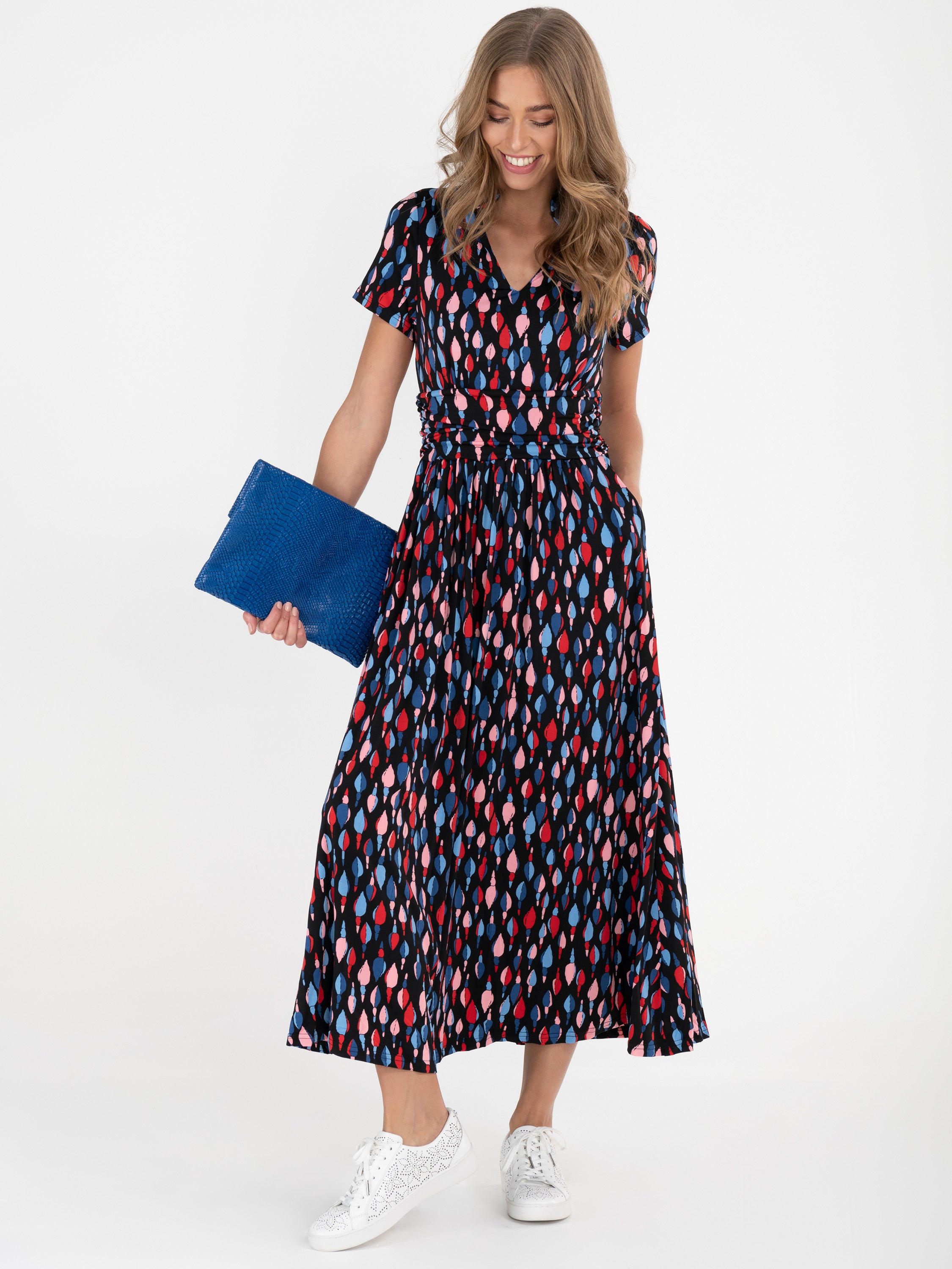 Stand Collar V Neck Maxi Dress, Navy Multi