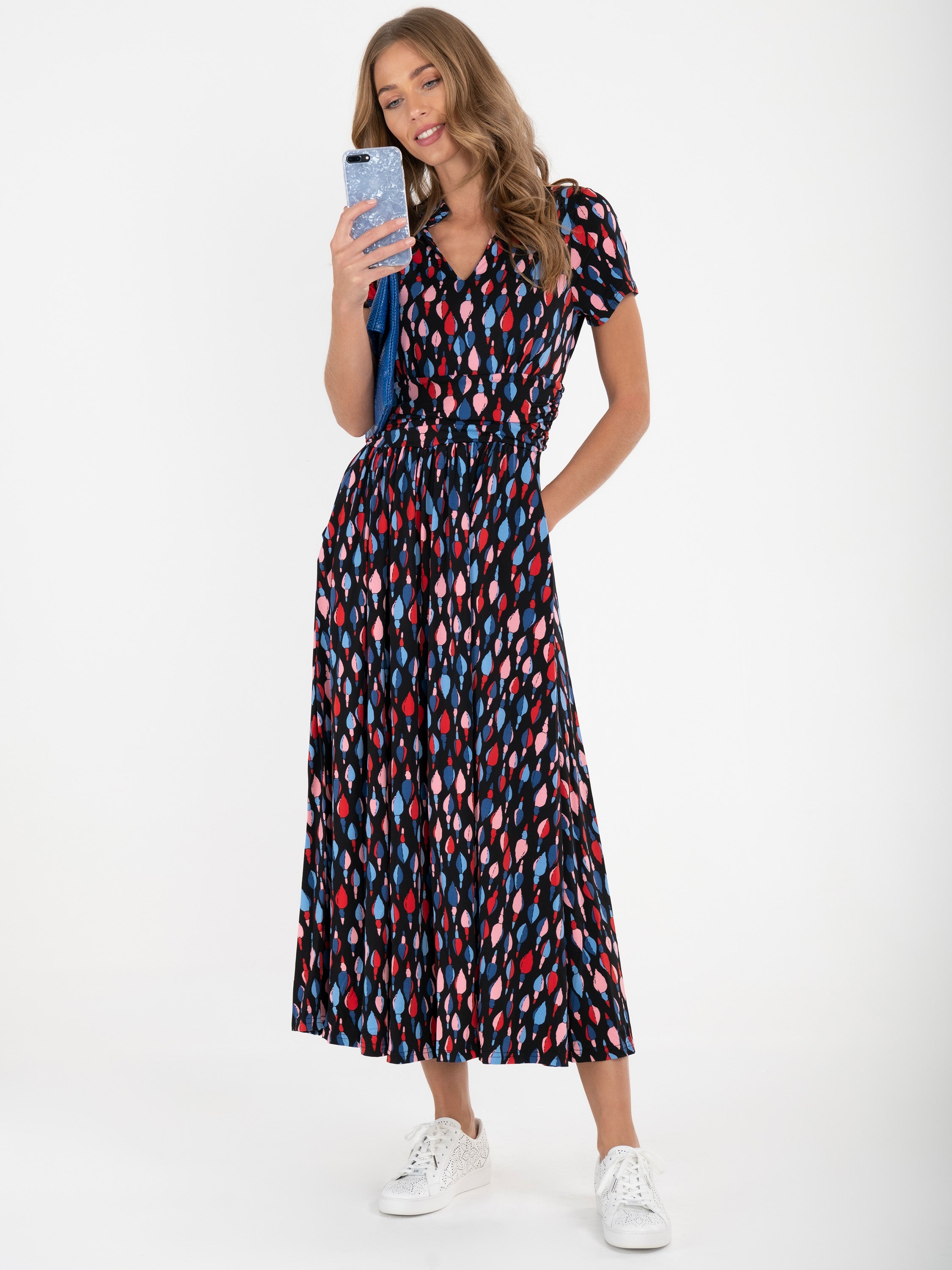 Stand Collar V Neck Maxi Dress, Navy Multi