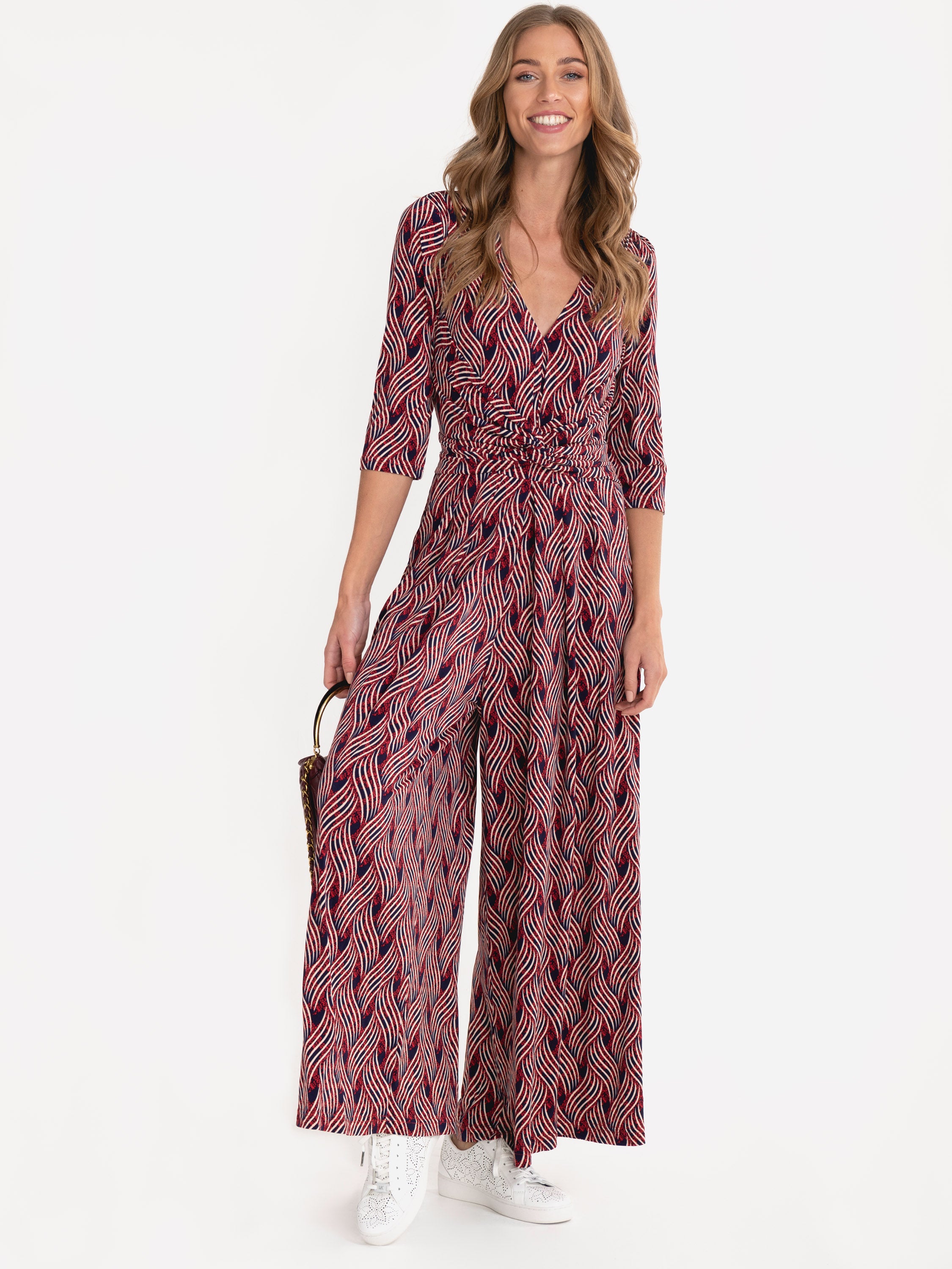 3/4 Sleeve Wrap Front Jersey Jumpsuit, Navy Multi