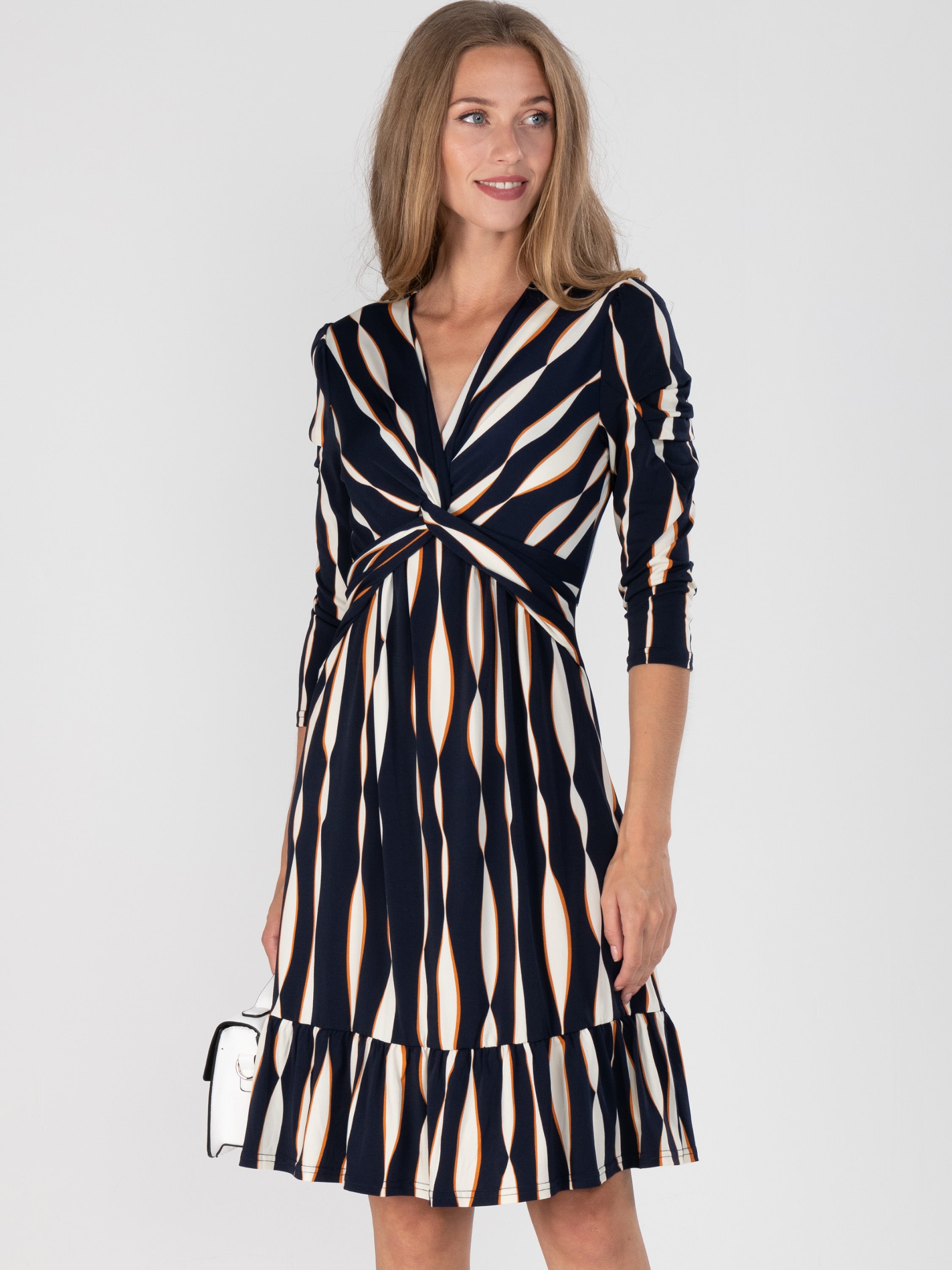 Retro Geometric Flare Hem Dress, Navy Wave