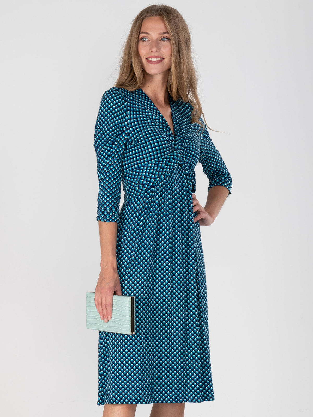 3/4 Sleeve Print Viscose Dress, Blue Pattern