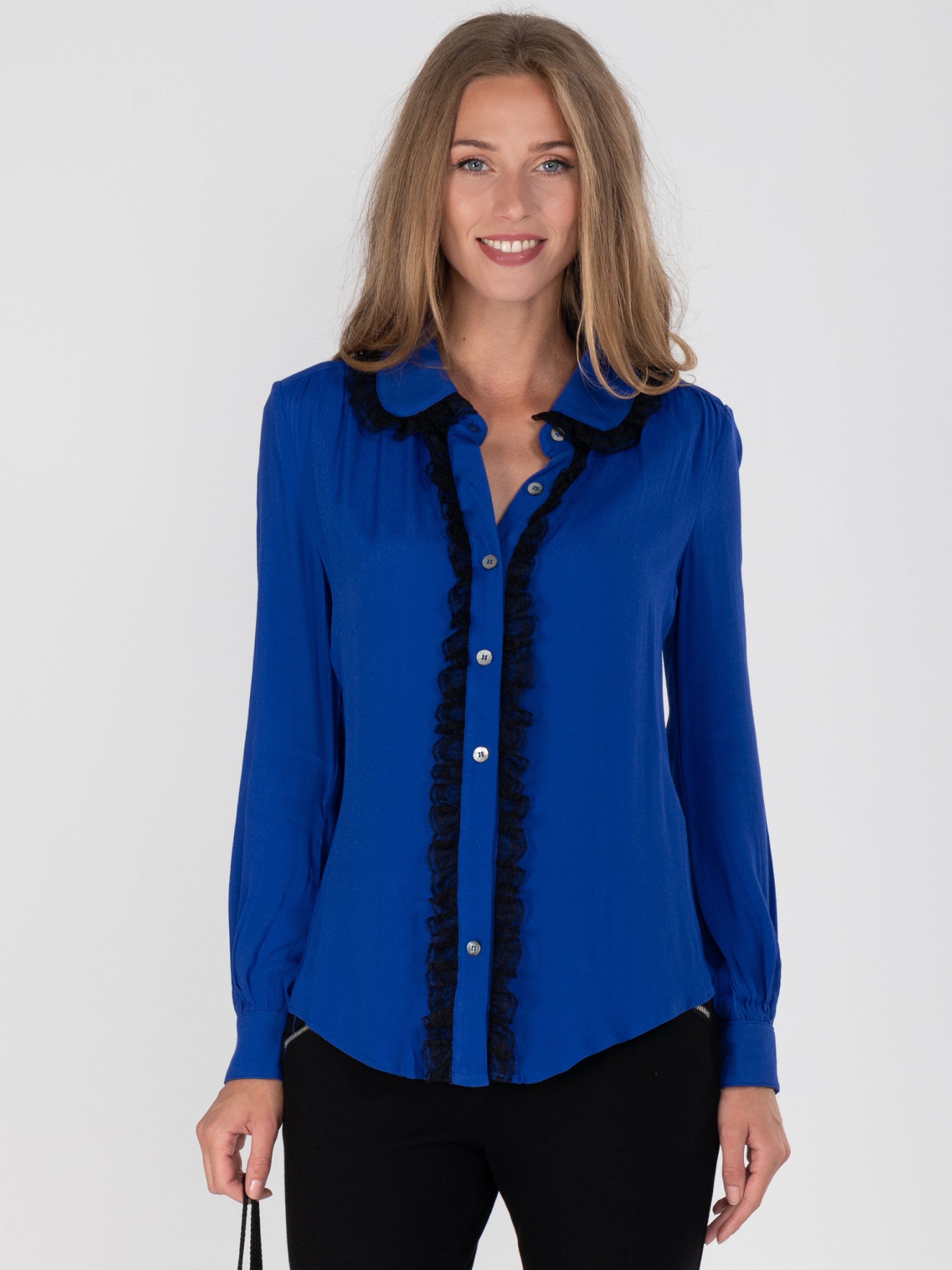 Contrast Lace Trimmed Blouse, Royal Blue