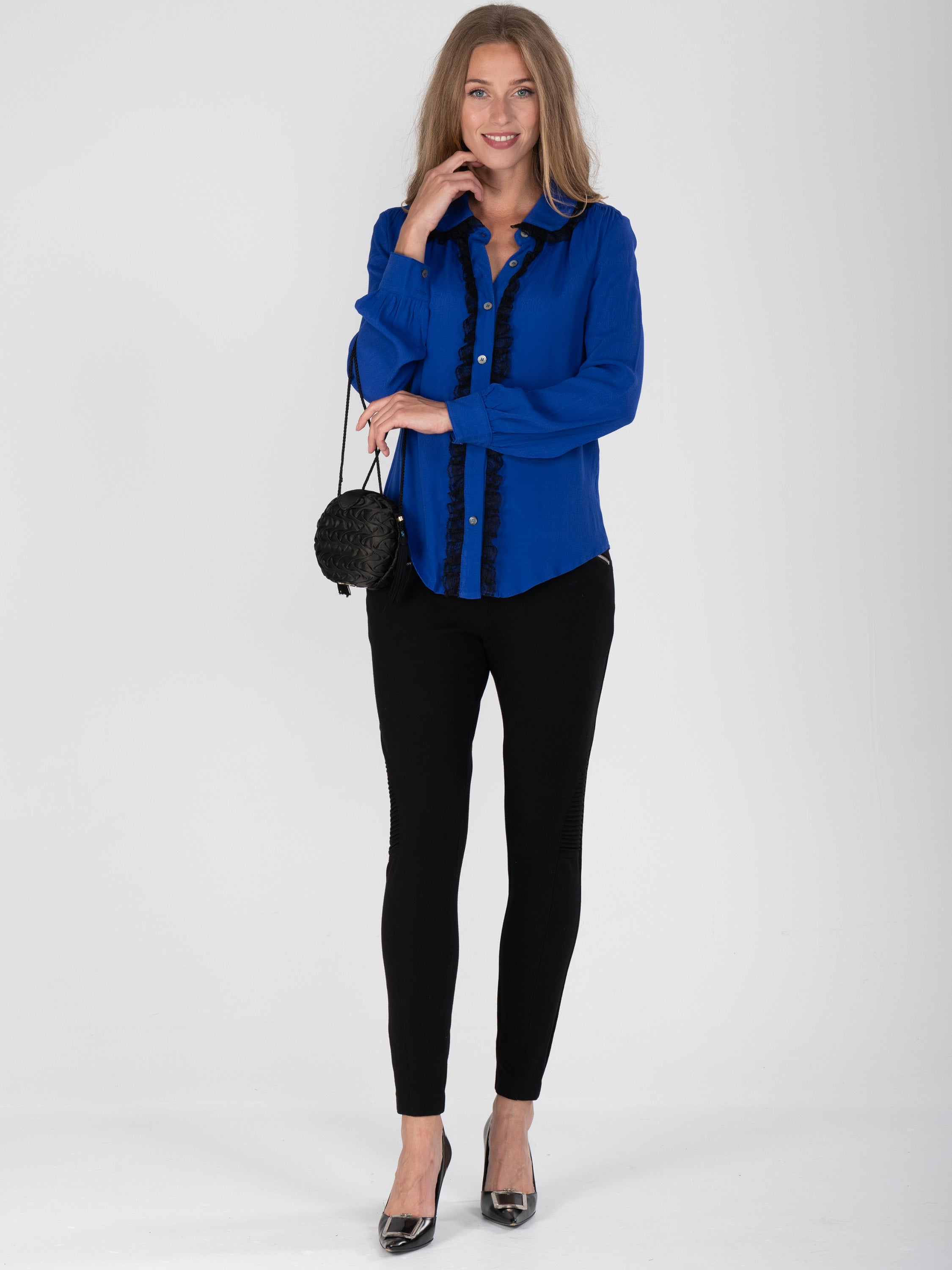 Contrast Lace Trimmed Blouse, Royal Blue