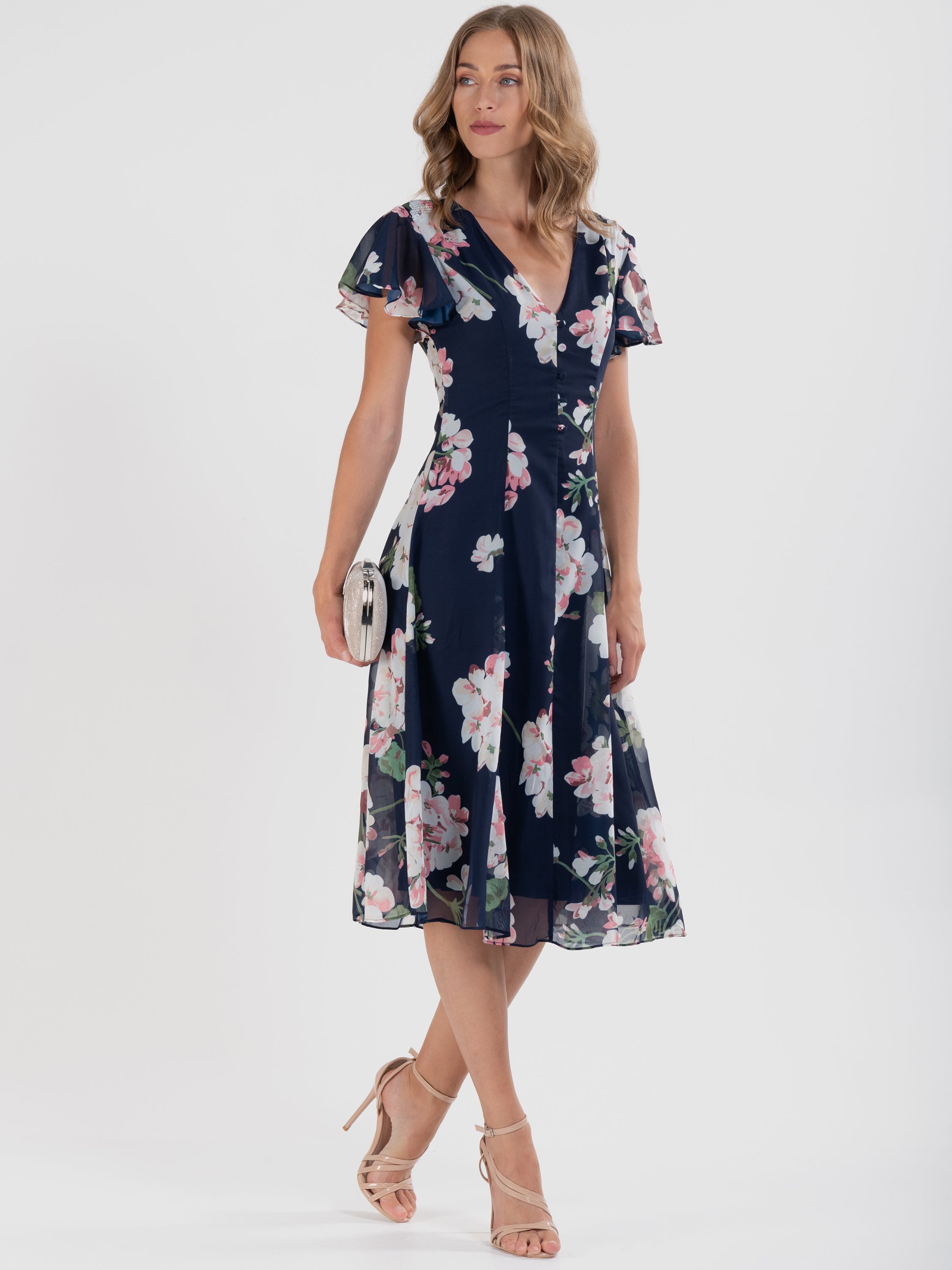 Floral Chiffon Flare Midi Dress, Navy Floral