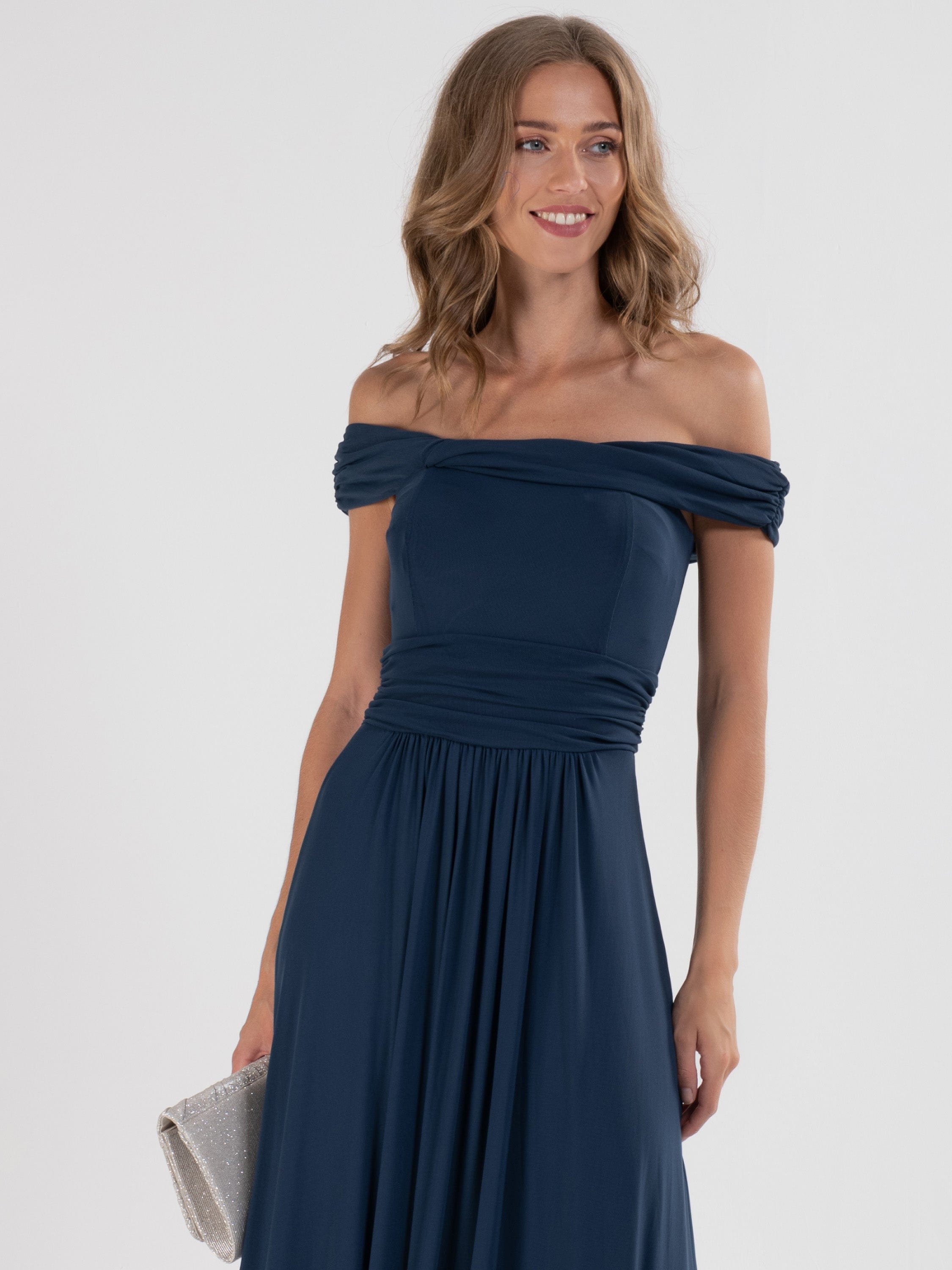 Bardot Neck Mesh Maxi Dress,  Stormy Blue