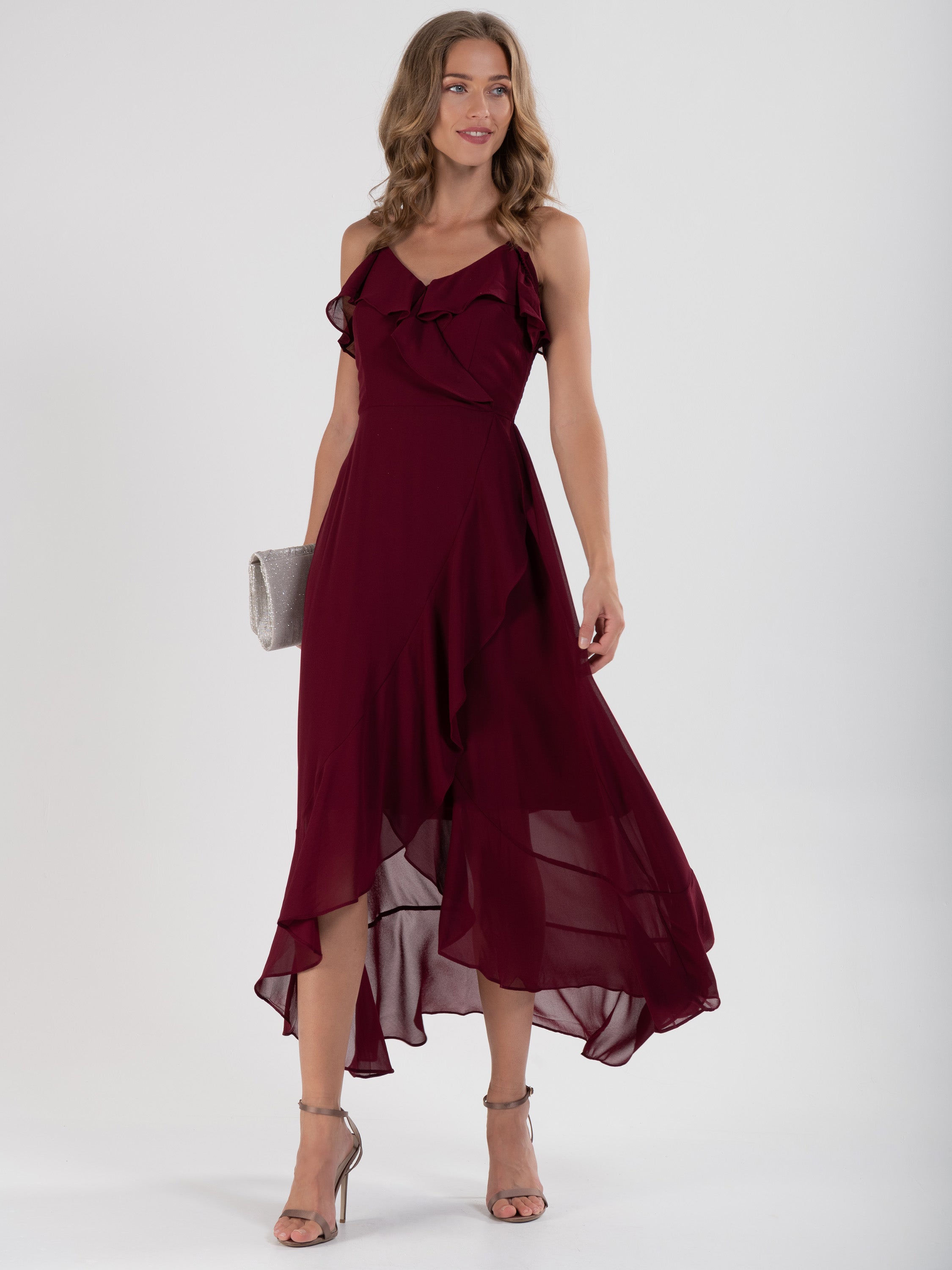 Frill Chiffon Maxi Dress, Burgundy