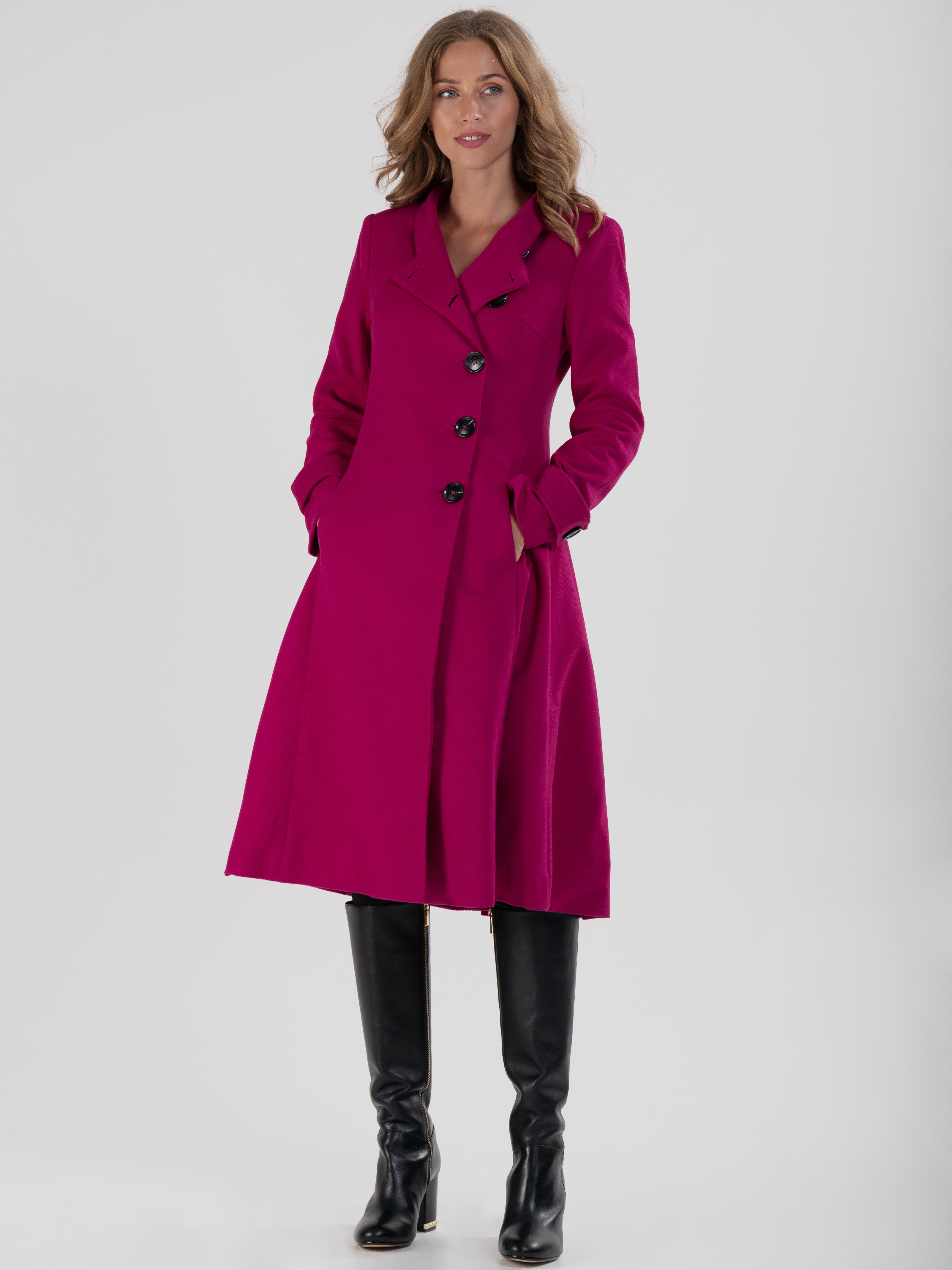 Button Front Flared Coat, Fuschia