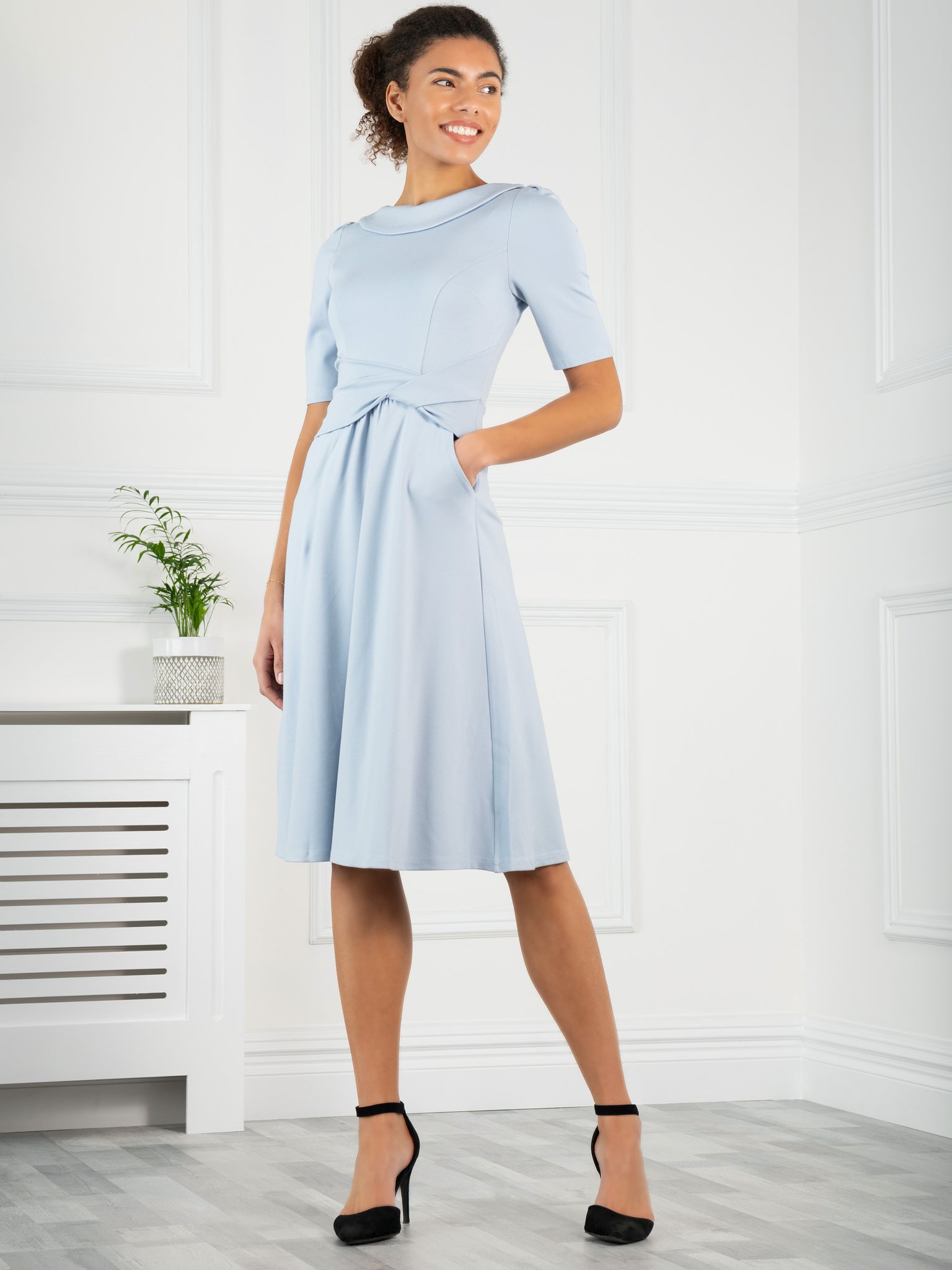 Jolie Moi Fold Over Fit and Flare Midi Dress, Dusky Blue – Jolie Moi Retail