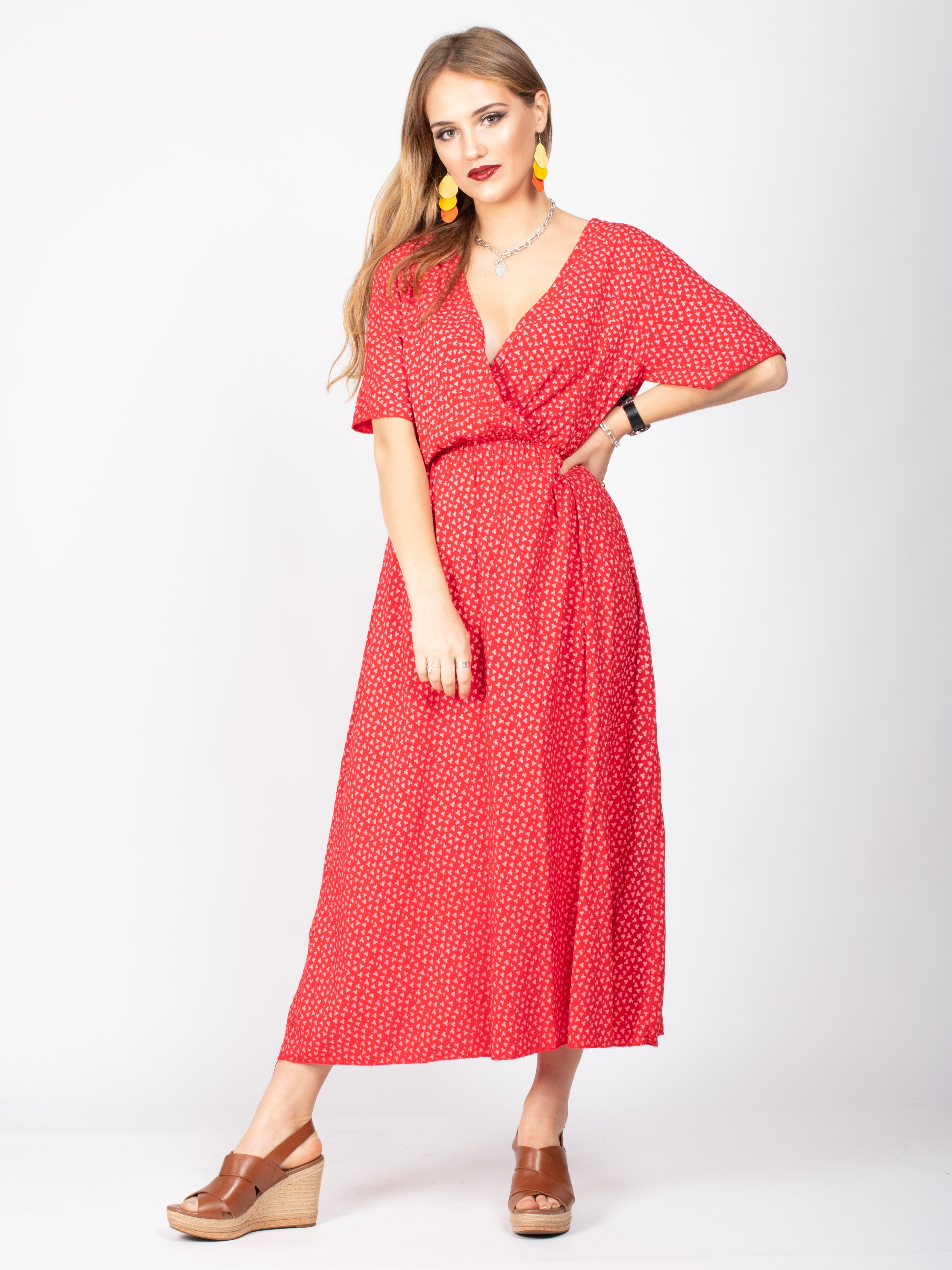 V-Neck Floral Print Midi Dress, Red Floral